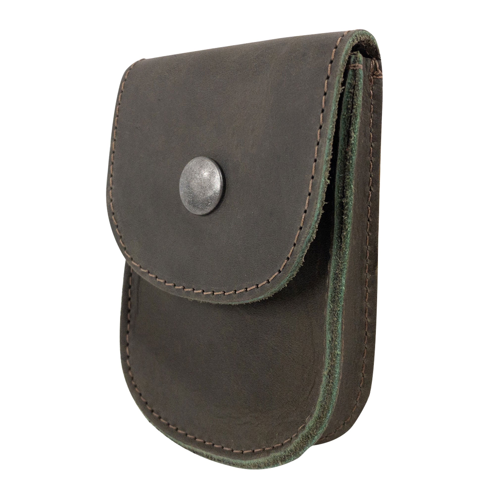 Side view of the Olive Green Holster Pouch by Hide & Drink, demonstrating its compact and functional design. Made from full grain leather, this artisan-crafted pouch is perfect for everyday carry.