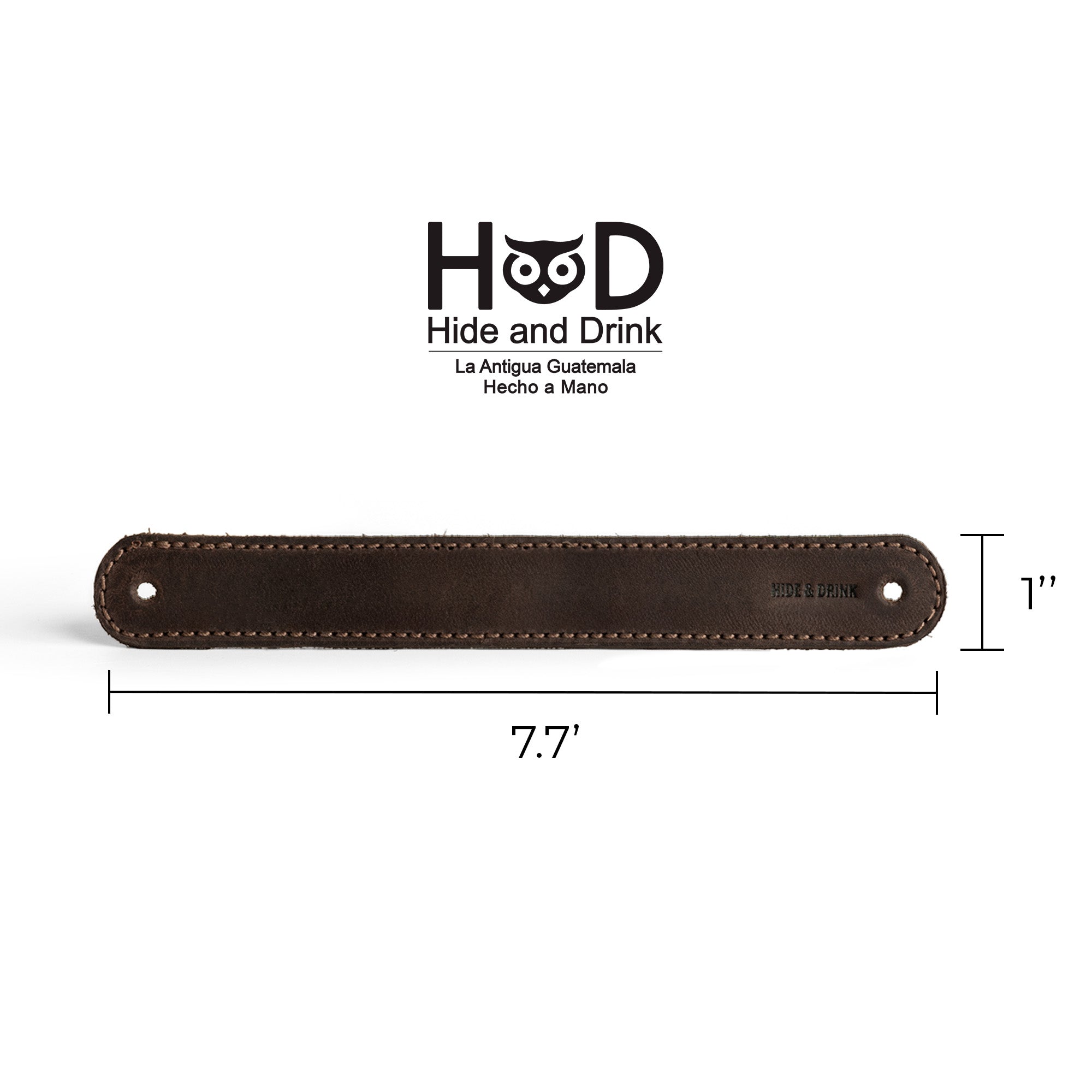 Hide & Drink Drawer Handles (4pk) showcasing the dimensions of each handle, made from sturdy full grain leather. An easy to install stylish home accessory, handcrafted by artisans in La Antigua Guatemala.