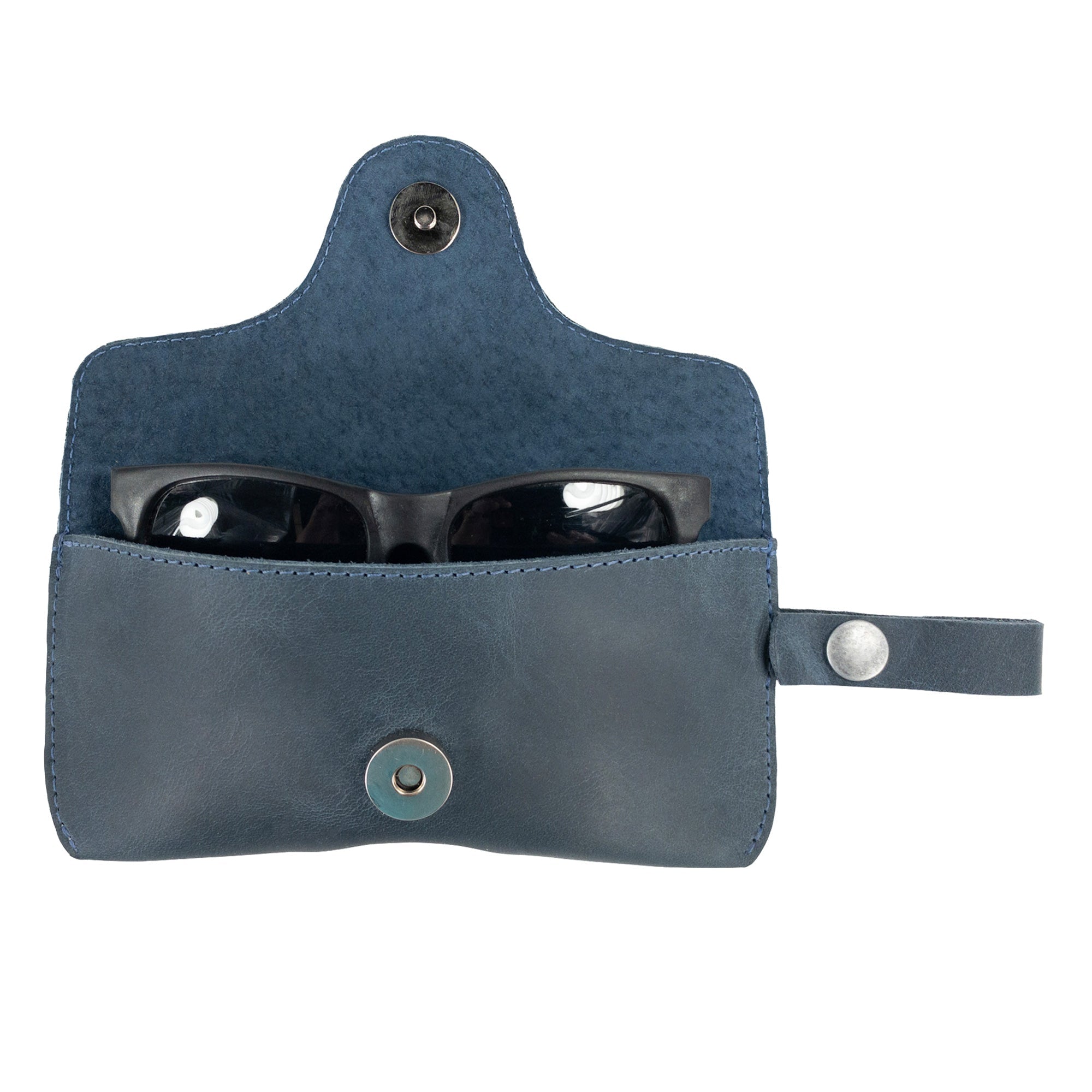 Open Dark Blue Eyeglasses Case with Strap by Hide & Drink, ideal for organizing sunglasses. This protector for eyewear is made from luxurious full grain leather, highlighting handmade artisan production in La Antigua Guatemala & Oaxaca Mexico.