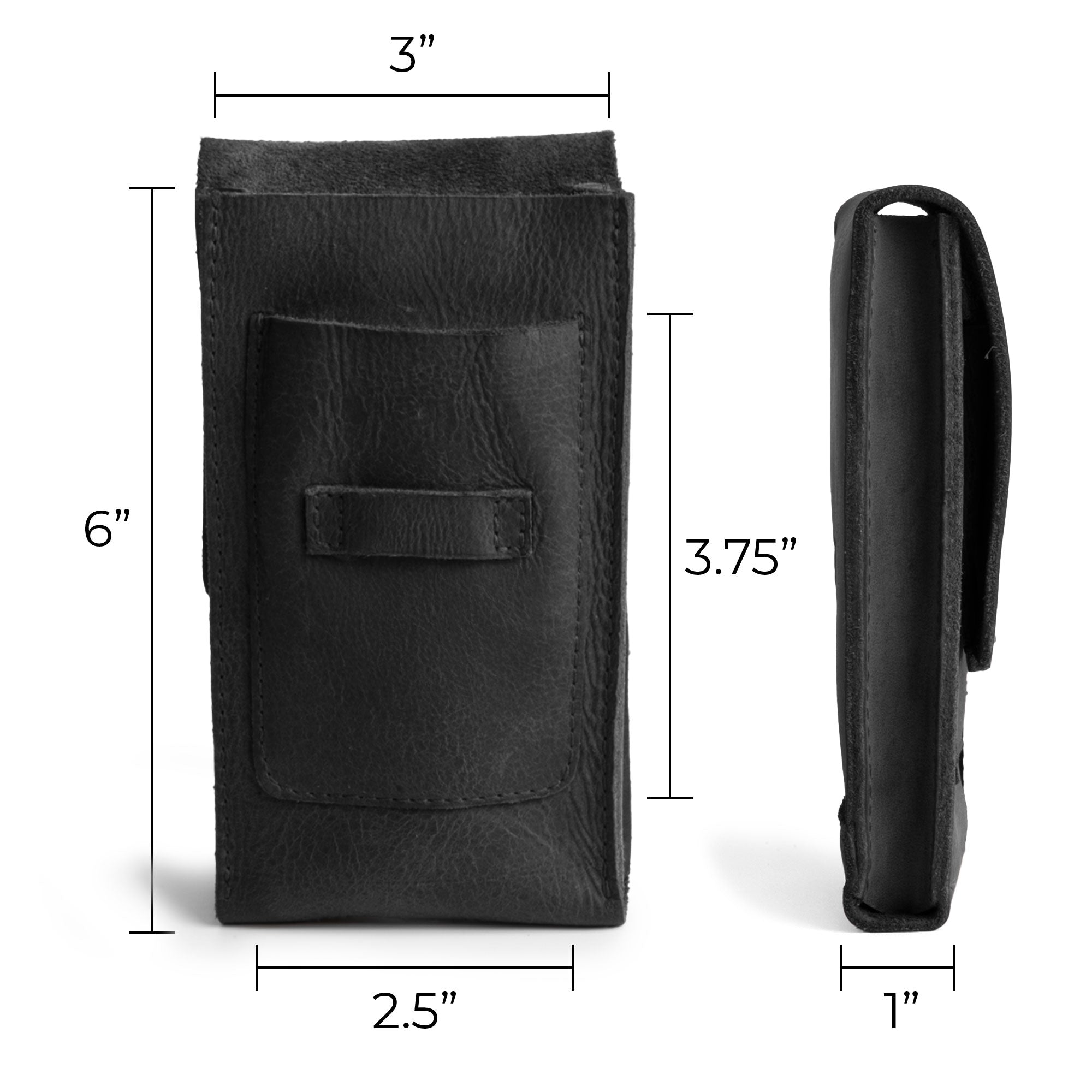 Dimensions of Hide & Drink's black Triple Cigar Holder displayed, perfect for those on-the-go. This compact cigar case is handcrafted from premium full grain leather and serves as an ideal gift for men, made in La Antigua Guatemala & Oaxaca Mexico.