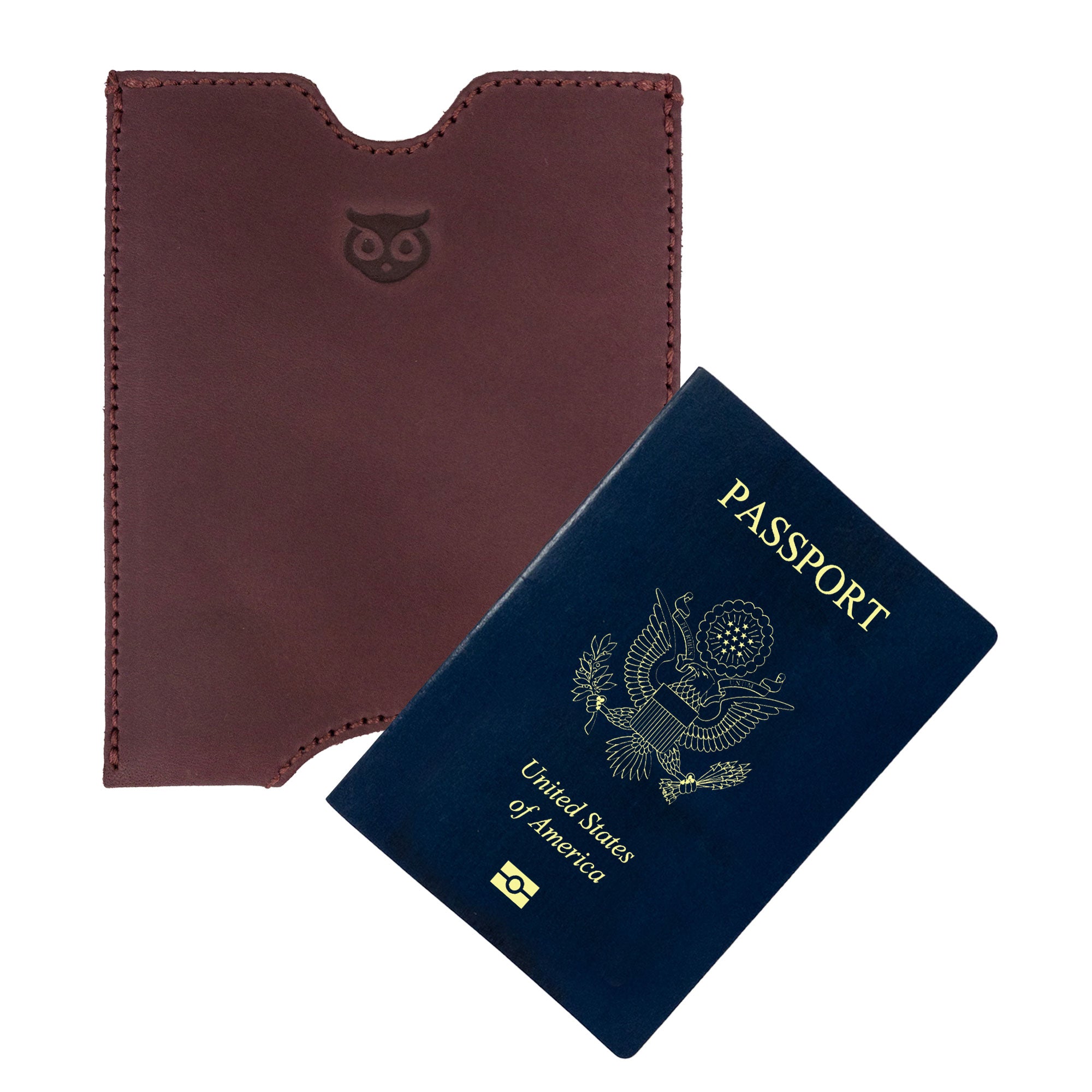 Hide & Drink Passport Sleeve next to a United States passport, demonstrating its perfect fit within this stylish Travel Passport Pocket Sleeve. Made from Full Grain Leather, this artisan piece represents the small batch production ethos and high-quality craftsmanship of La Antigua Guatemala & Oaxaca Mexico.