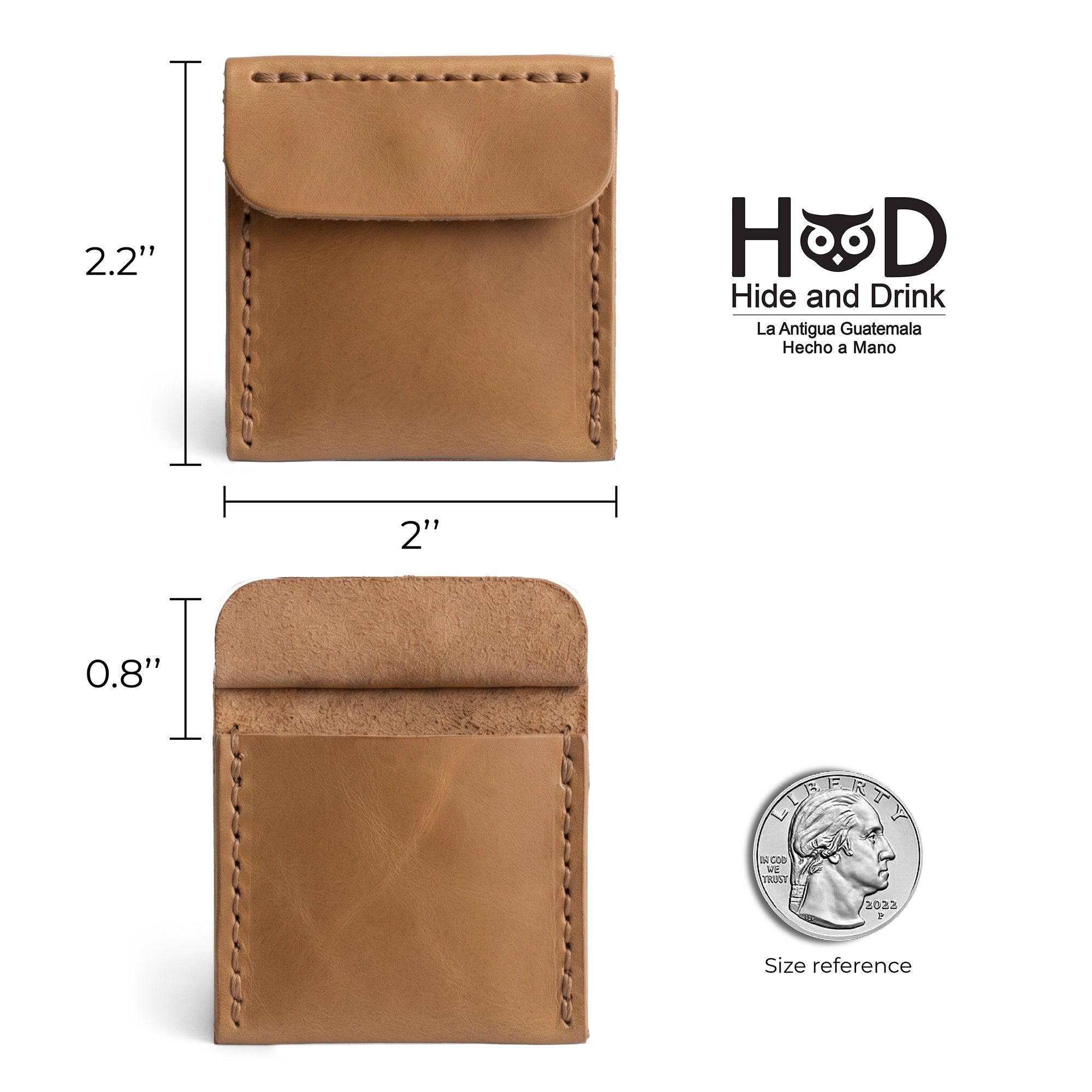 Detailed specifications of Hide & Drink Wedding Ring Case demonstrating dimensions and branding. Ideal as a proposal ceremony accessory, this pouch organizer for jewelry is handcrafted from full grain leather, embodying artisan craftsmanship from La Antigua Guatemala & Oaxaca Mexico.
