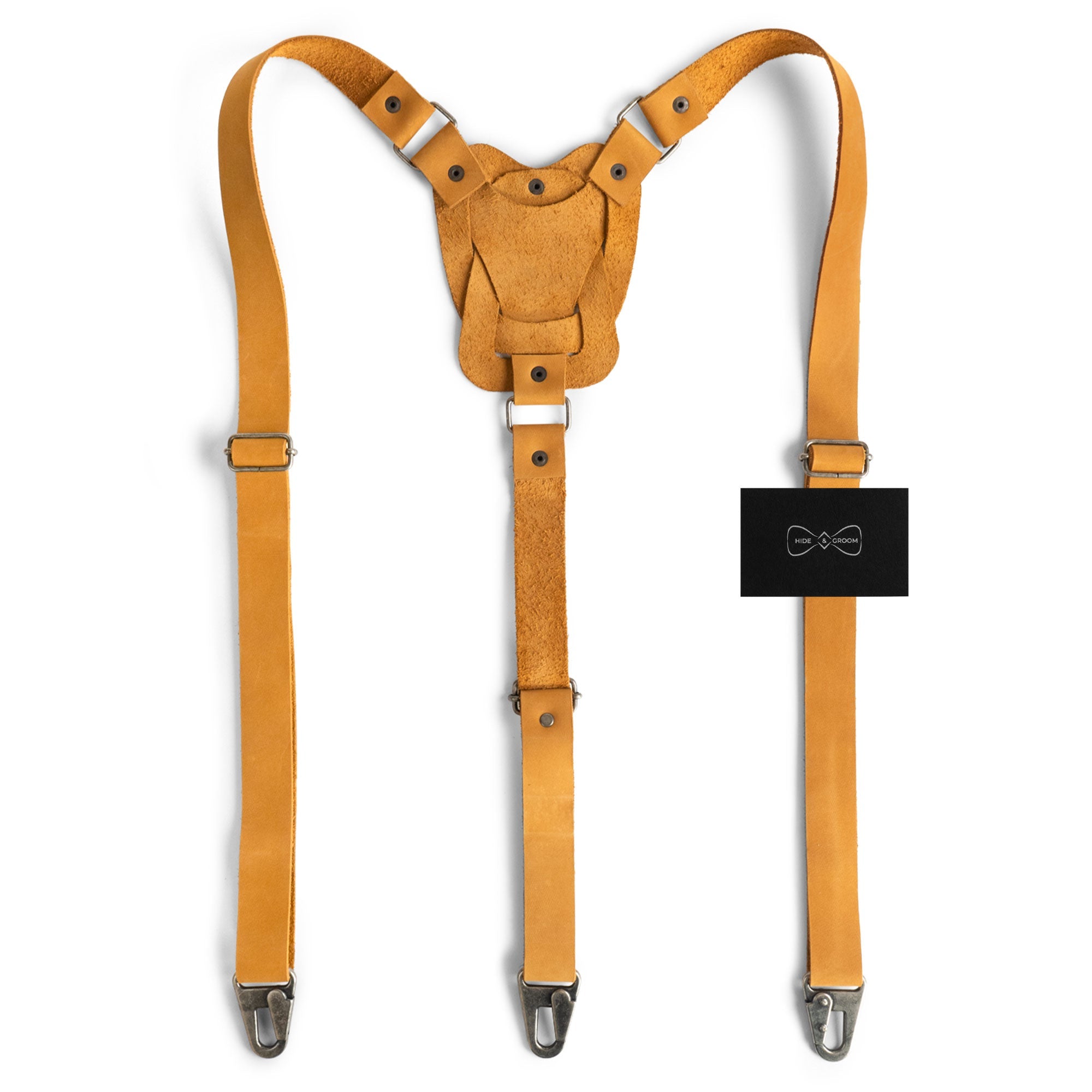 Rustic Suspenders with Adjustable Size Straps for Men in yellow by Hide & Groom, showcasing their artisan craftsmanship. Made from Full Grain Leather, these suspenders are ideal for weddings and Steampunk themes with a unique handmade charm.