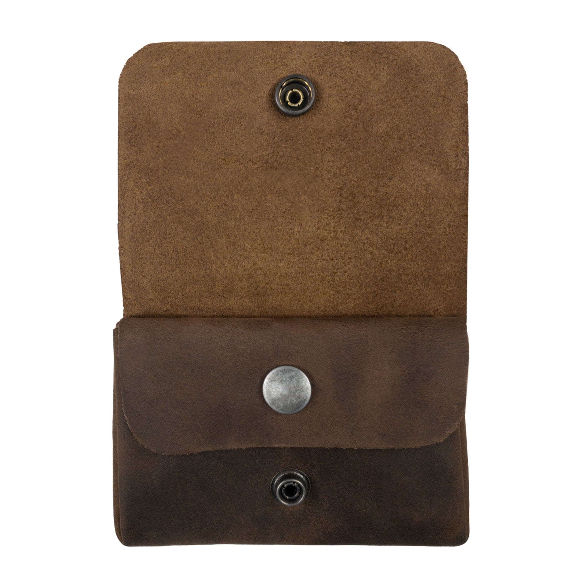 Front view of the Double Pouch Card Wallet by Hide & Drink, showcasing a rustic design made of Full Grain Leather. Ideal as a card organizer, cash holder, or coin pouch for both men and women, handcrafted in La Antigua Guatemala & Oaxaca Mexico.