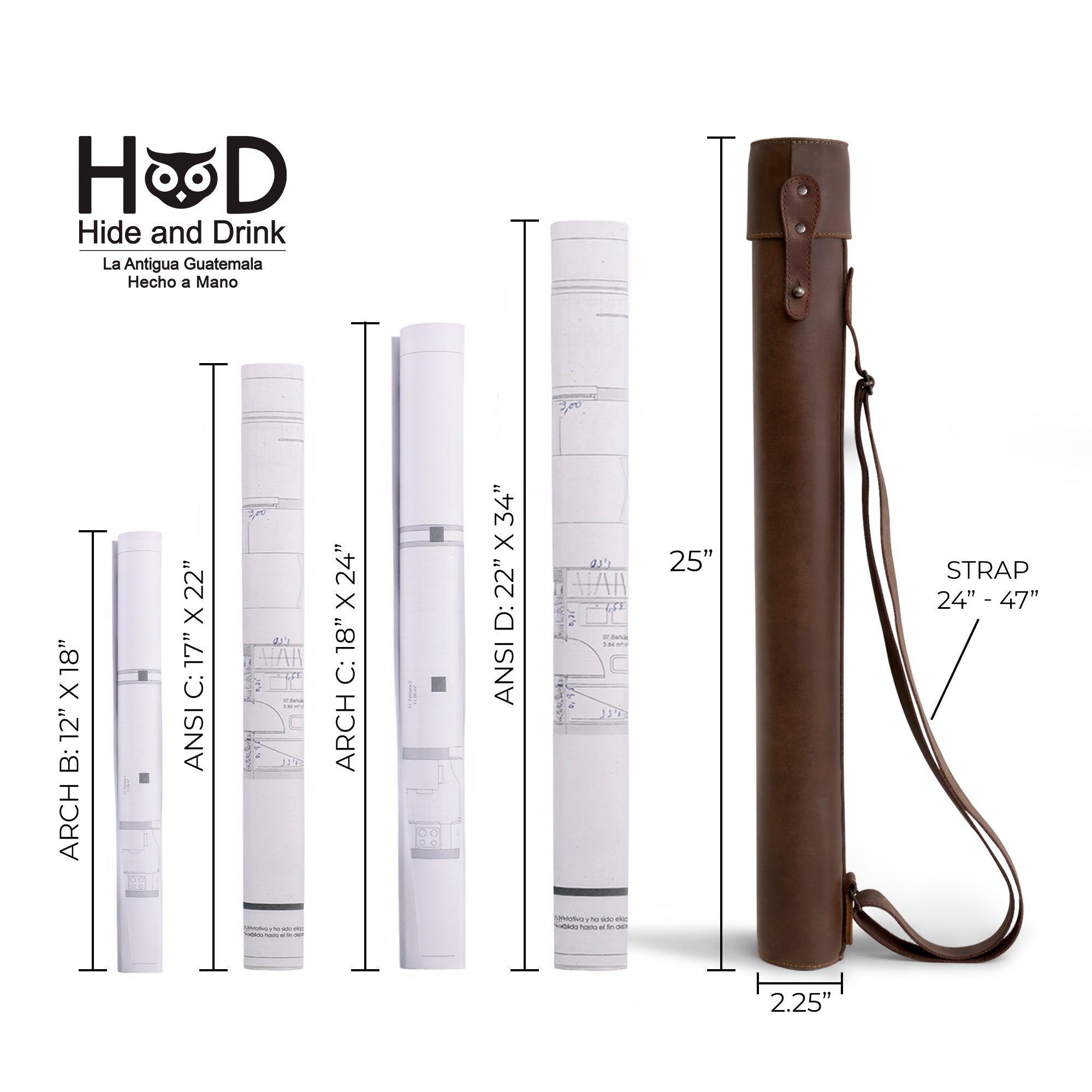 Hide & Drink's Blueprint Tube (A2 Paper Size) displayed with architectural sizes for document storage. This full grain leather tube comes with an adjustable strap, ideal for carrying blueprints. A perfect blend of style and function, showcasing the artisanal quality and small batch production from StockyardX, handmade in La Antigua Guatemala & Oaxaca Mexico.