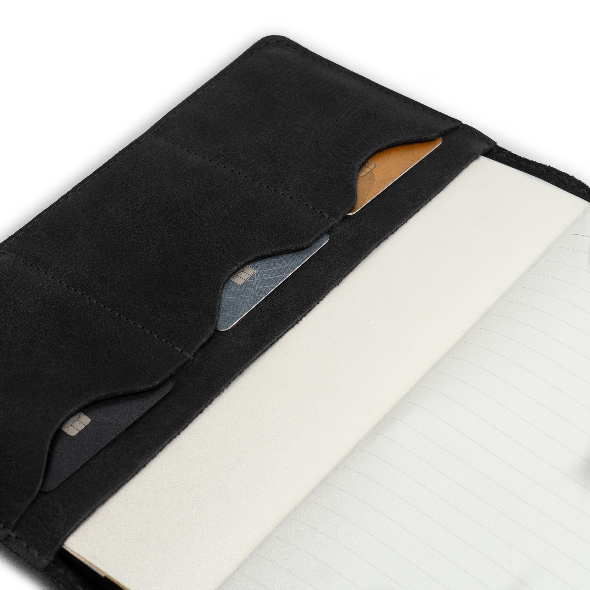 A5 Notebook Cover with Card Slots by Leather Worx, focusing on the card slot section's practical organization. This rustic cover for Leuchtturm A5 Notebook with Card Slots (Notebook Not Included) exhibits minimalist style in robust full grain leather. StockyardX, small batch production, hand cut, hand sewn, fire branded, and artisan-made in La Antigua Guatemala.