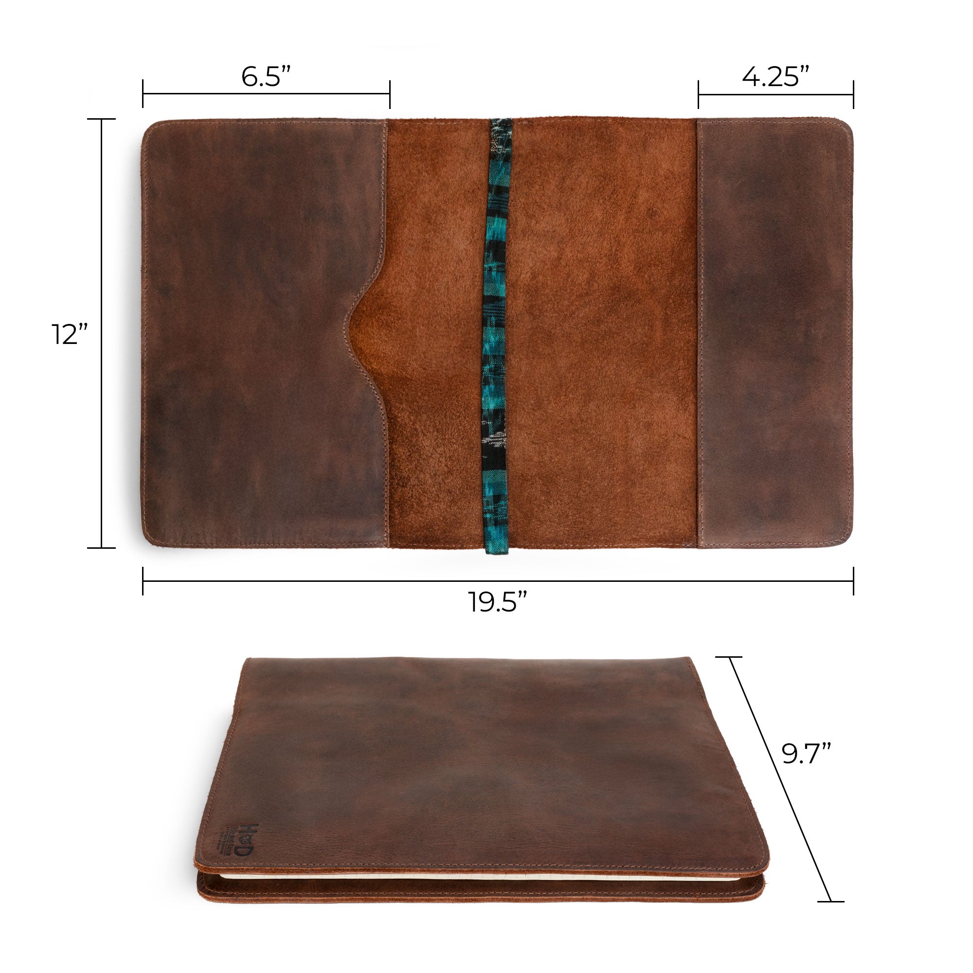 Dimensions of the Journal Cover for (8.5 x 11 in.) Moleskine Cahier XXL presented by Hide & Drink, illustrating its size and structured design. This genuine protector is a staple for any writer who loves artisan quality, made with full grain leather through small batch production, hand cut, hand sewn, and fire branded, proudly crafted in La Antigua Guatemala & Oaxaca Mexico.