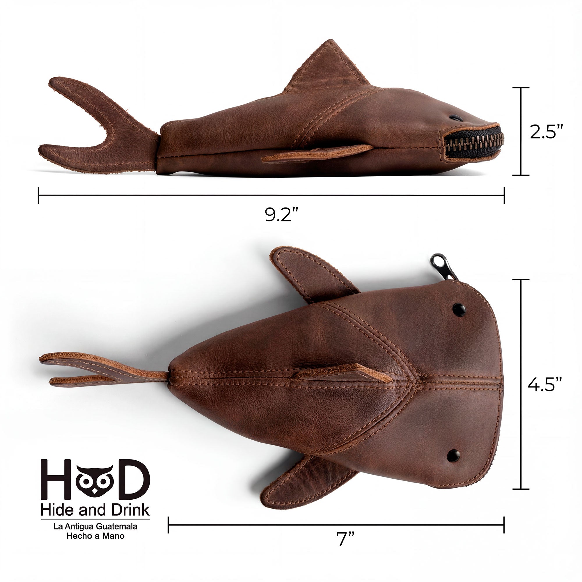 A side view of the Leather Shark Pouch by Hide & Drink, displaying its dimensions along with the unique shark design, ideal as a scissors case or a pencil purse, crafted from durable full grain leather through artisan methods in small batch production.