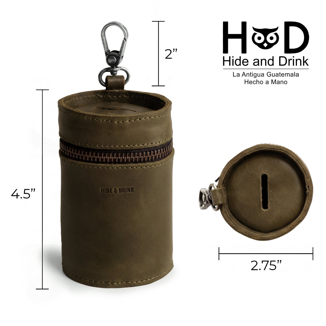 Dimensions of the Bucket Coin Release from Hide & Drink, an artisan-crafted coin case in full grain leather, featuring details on its height and width. This stylish zippered pouch serves as a money box and cash organizer, handmade in La Antigua Guatemala & Oaxaca Mexico.