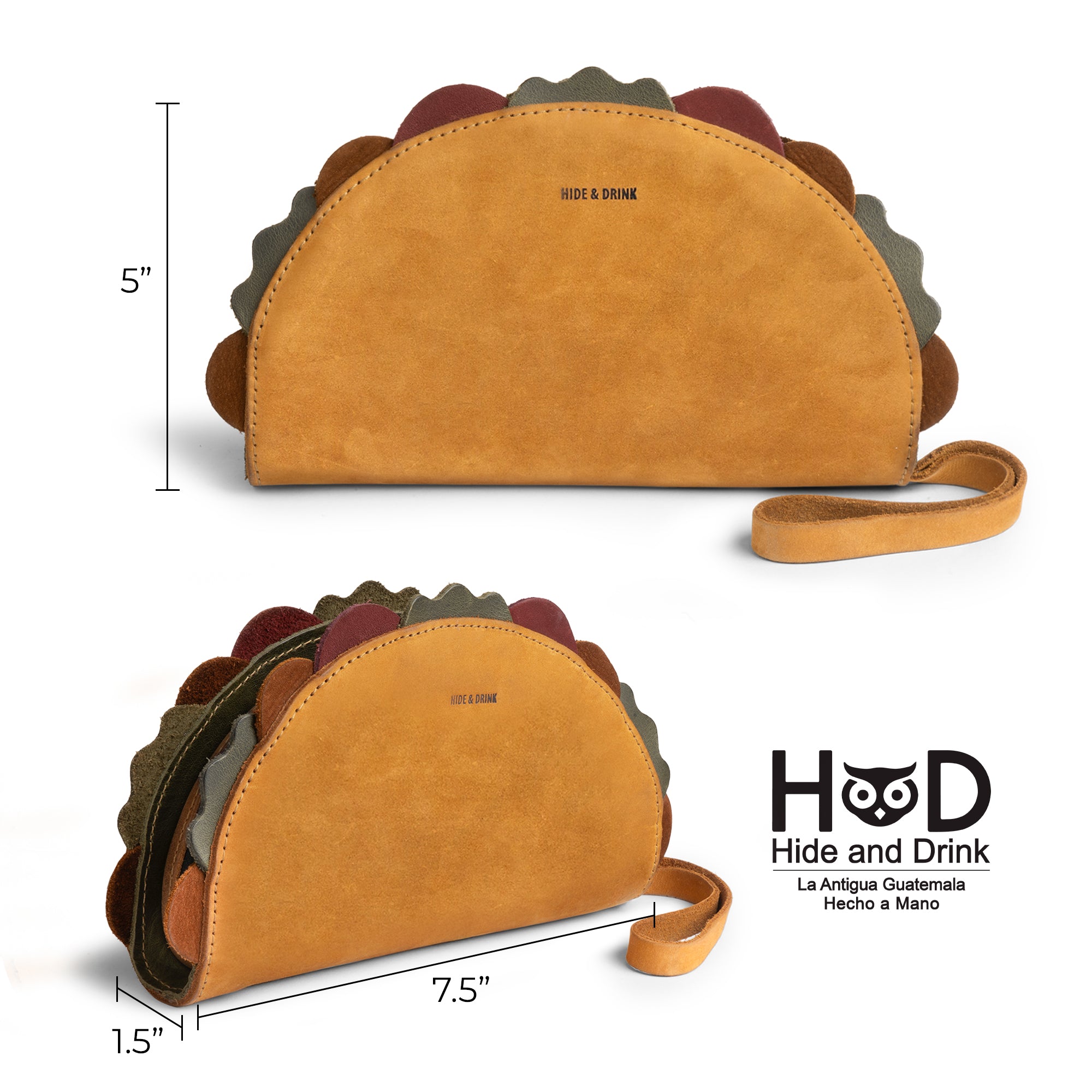 Dimensions showcase the Multipurpose Taco Wallet by Hide & Drink, a delightful accessory crafted from Full Grain Leather. This wallet not only serves practical needs but also stands out in your travel and back-to-school accessories collection. A fantastic gift for graduation or gifts for him, this piece fits perfectly in the wallets and women's collection.