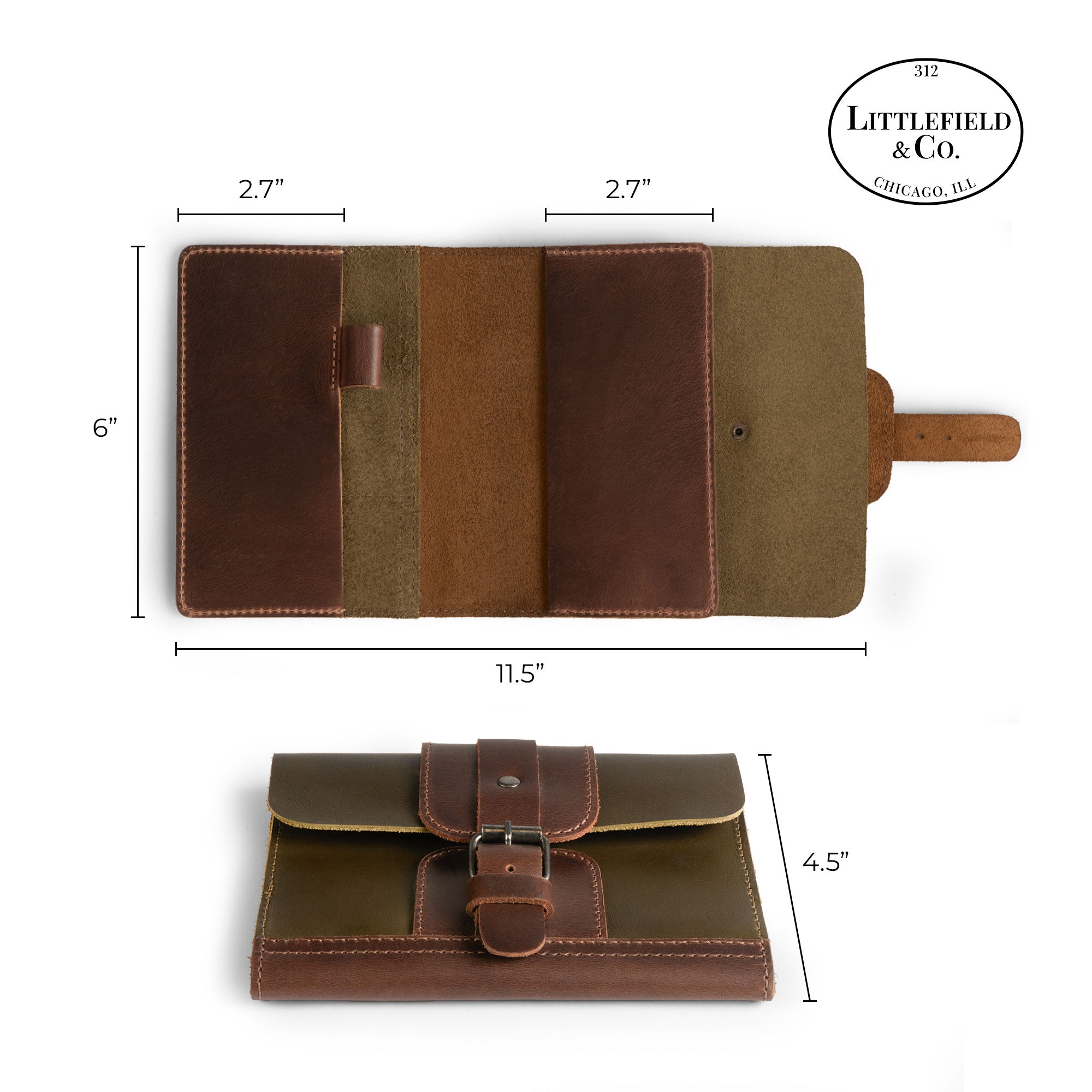 Dimensions of the Vintage Adventure Passport Cover by Littlefield Chicago displayed alongside its sleek design. This Rustic Bifold Case is an Adventure Passport Holder for Travel that features multiple slots for passports and cards, demonstrating the importance of handmade quality from La Antigua Guatemala & Oaxaca, Mexico.