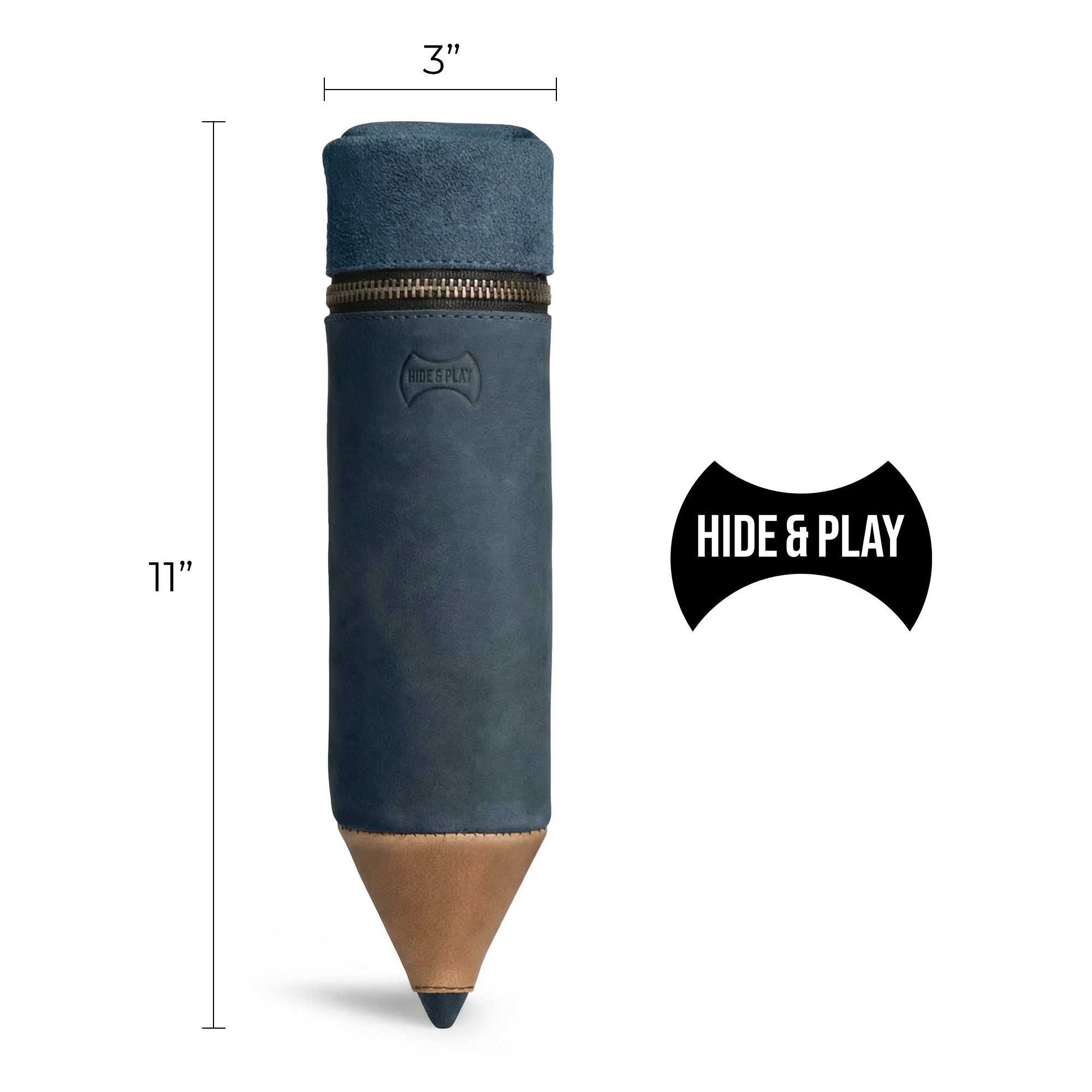 Front view of the Pencil-Shaped Case by Hide & Play, showcasing its dimensions and function as a stylish storage solution for pens, pencils, markers, and office accessories. This zippered bag is crafted from premium full grain leather, embodying artisan craftsmanship with hand cut, hand sewn, and fire branded details. Handmade in La Antigua Guatemala.