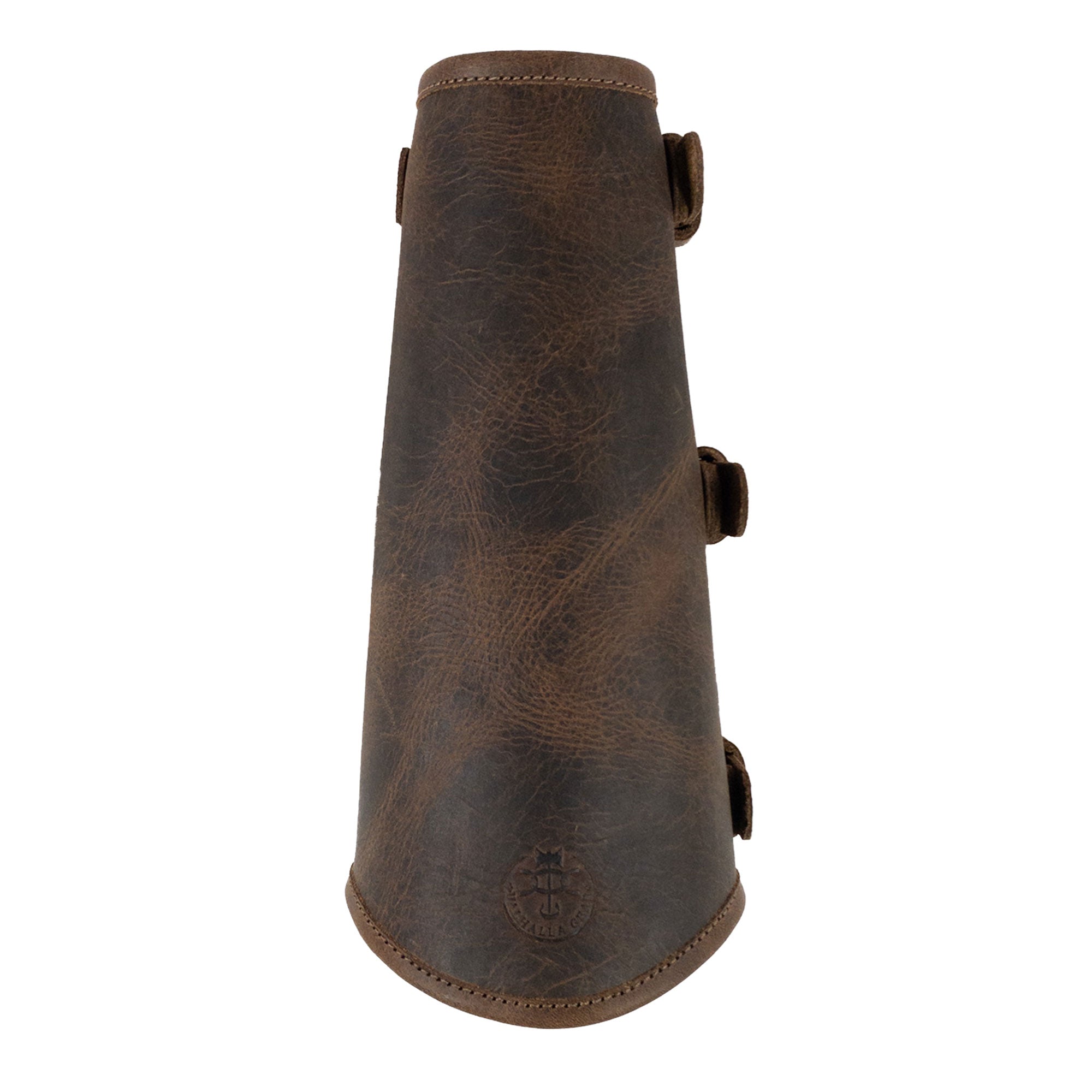 Front view of the Rustic Archery Bracer by Valhalla Gear, highlighting its unique design and adjustable buckle straps. This forearm protector is made from full grain leather, making it ideal for knights and cosplay. Artisan crafted in small batch production, it's handmade in La Antigua Guatemala & Oaxaca Mexico.
