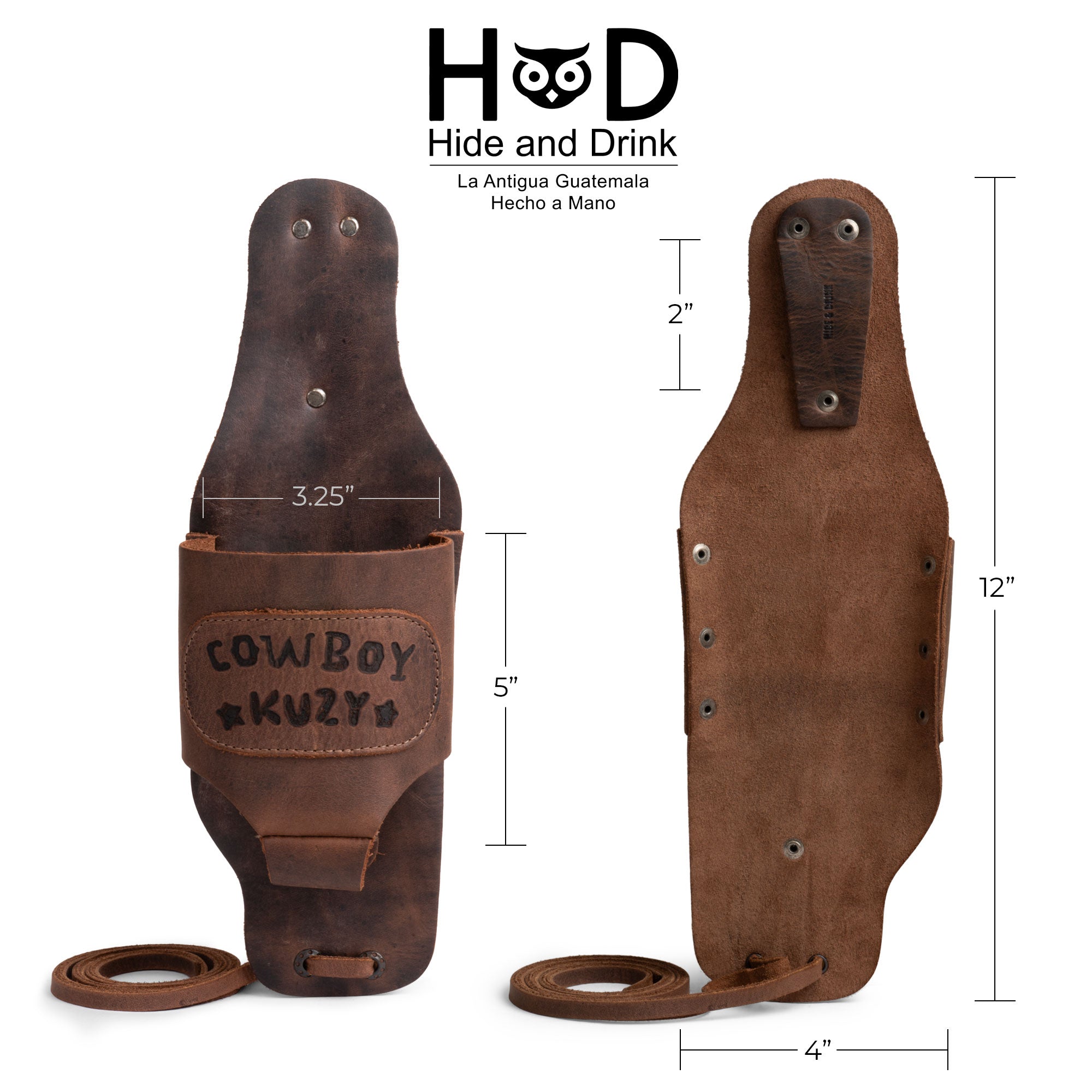 Hide & Drink Beer Holster Cowboy Buzy, featuring a unique Beer Holster for Cowboy that allows hands-free use. This Western Bottle Leg Grip is made of full grain leather, celebrated for its small batch production and artisan craftsmanship in La Antigua Guatemala.