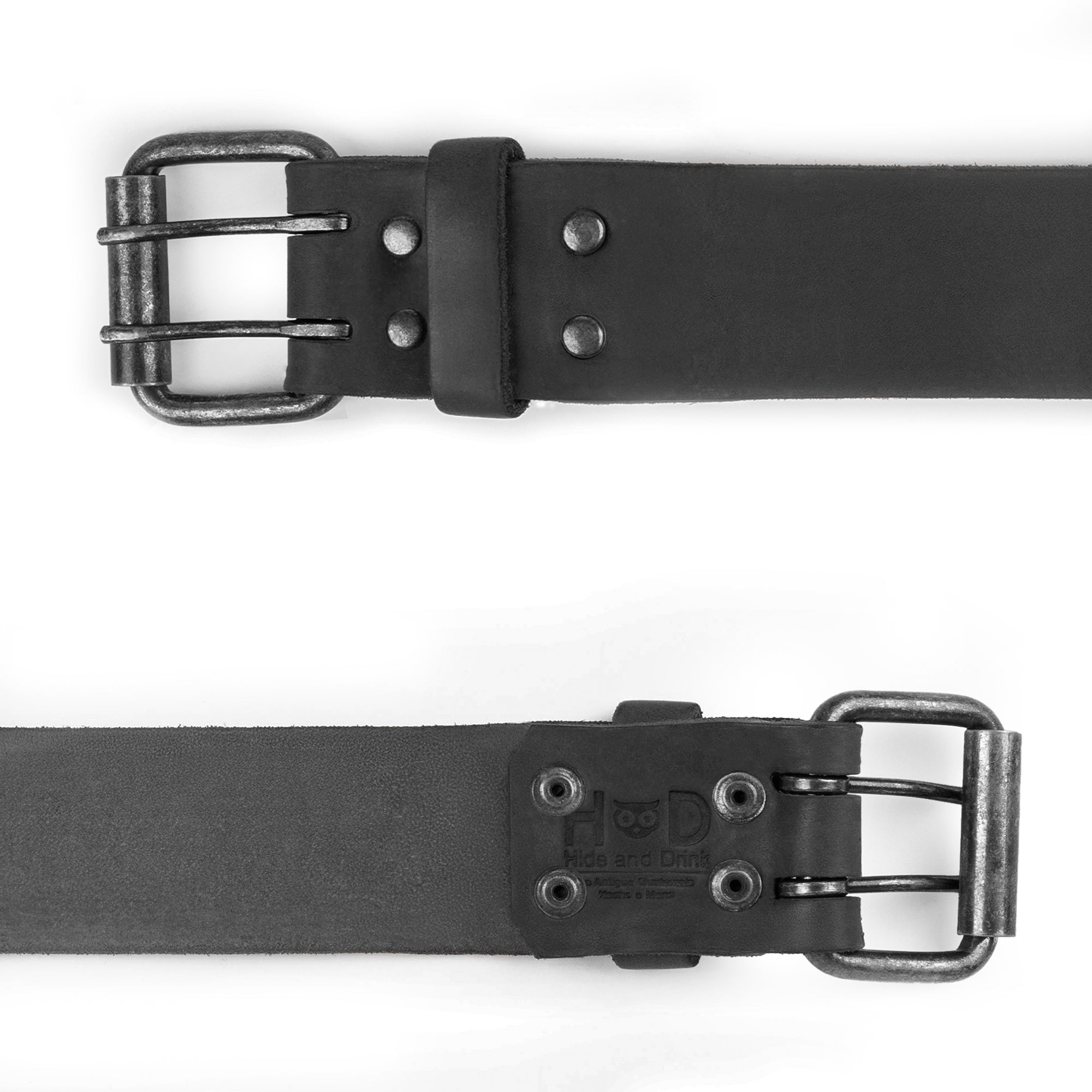 The back view of the black Reinforced Double Prong Buckle Belt by Hide & Drink, showcasing its sturdy design. This belt is 1.5 in. wide and crafted from full grain leather, reflecting stockyardX quality and small batch production, featuring hand cut, hand sewn, and fire branded artisan techniques, made in La Antigua Guatemala & Oaxaca Mexico.