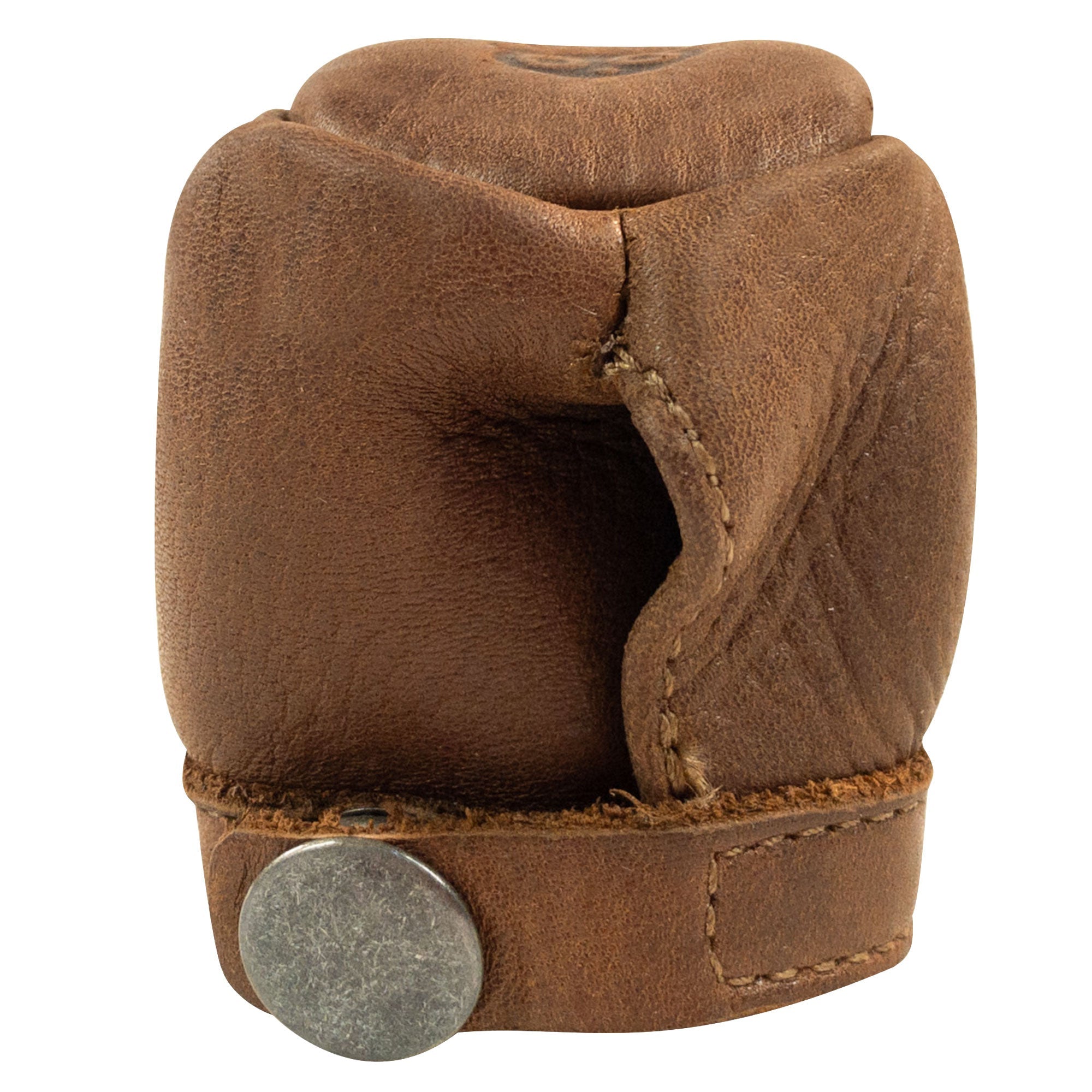 Side view of Hide & Drink's Door Knob Cover, featuring a unique design in Full Grain Leather. This stylish door knob and car gear cover is meticulously hand cut and sewn, ensuring both durability and safety as a baby proof door knob cover.