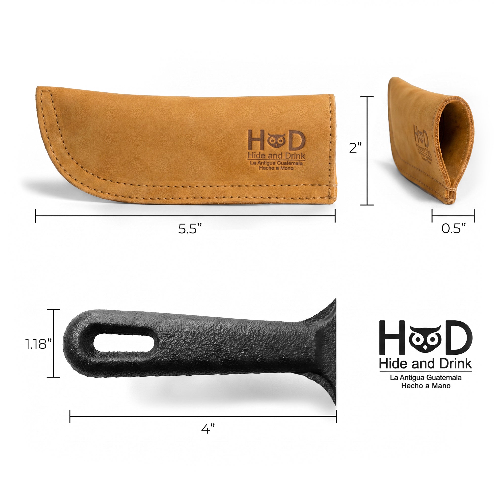 Hide & Drink Cast Iron Panhandle Cover elegantly displayed on a skillet, showcasing its practical design. This full grain leather hot handle protector features double stitching for durability and creates a stylish grip for your cookware. Handmade in La Antigua Guatemala & Oaxaca Mexico, it's an essential for kitchen safety.