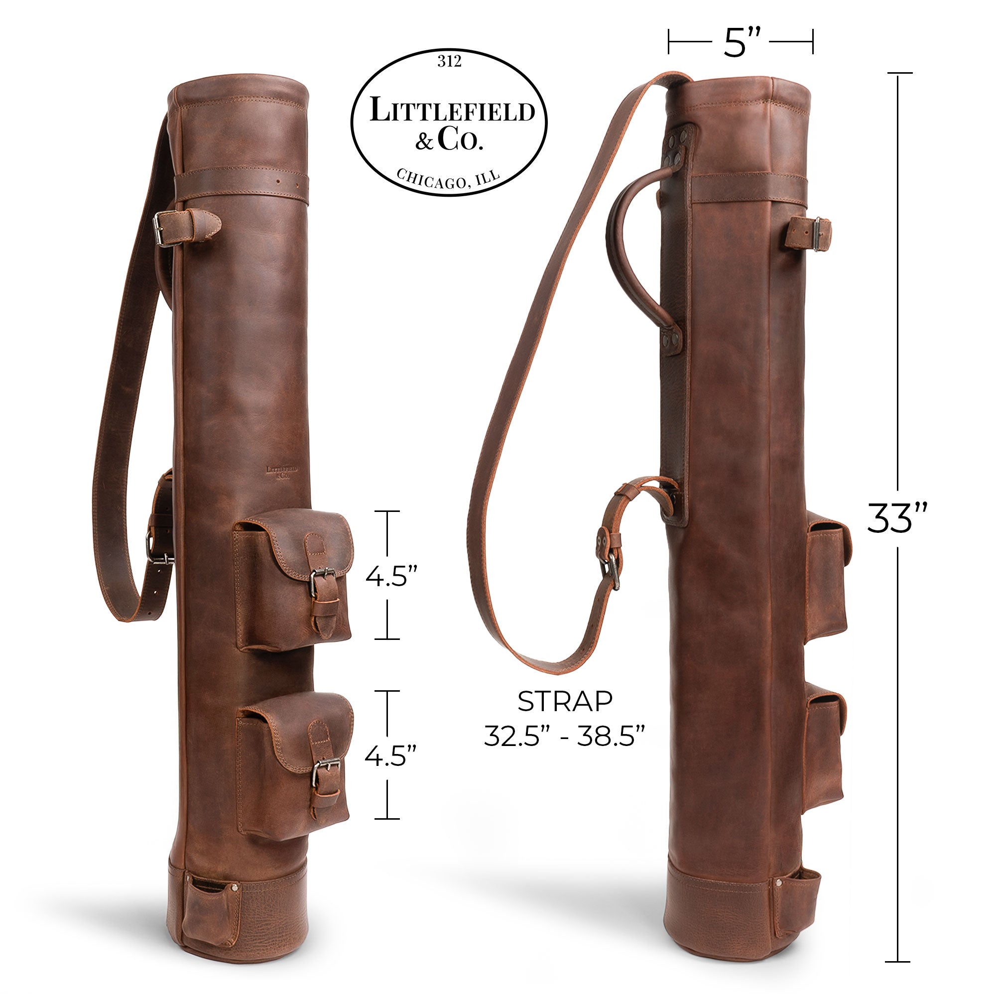 Detailed view of the Vintage Sunday Carry Golf Bag by Littlefield & Co., featuring dimensions and artisan details that emphasize quality. This Men's Basic Bag for Golf Clubs pairs elegance with utility, serving as a Lightweight Caddie Golfing Gear solution. Handcrafted from full grain leather in La Antigua Guatemala & Oaxaca Mexico, it embodies the artisanal approach of StockyardX.