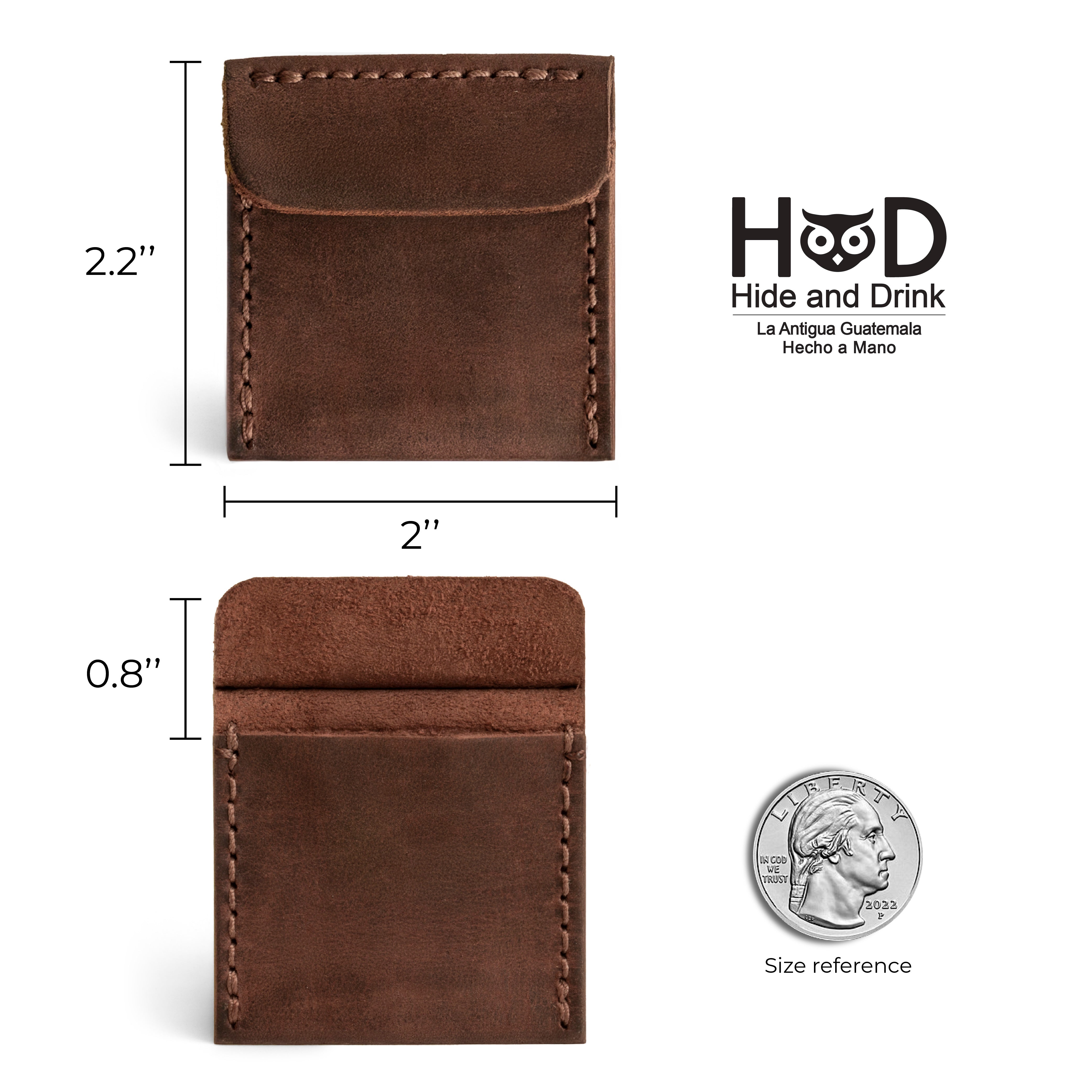 Detailed specifications of Hide & Drink Wedding Ring Case demonstrating dimensions and branding. Ideal as a proposal ceremony accessory, this pouch organizer for jewelry is handcrafted from full grain leather, embodying artisan craftsmanship from La Antigua Guatemala & Oaxaca Mexico.