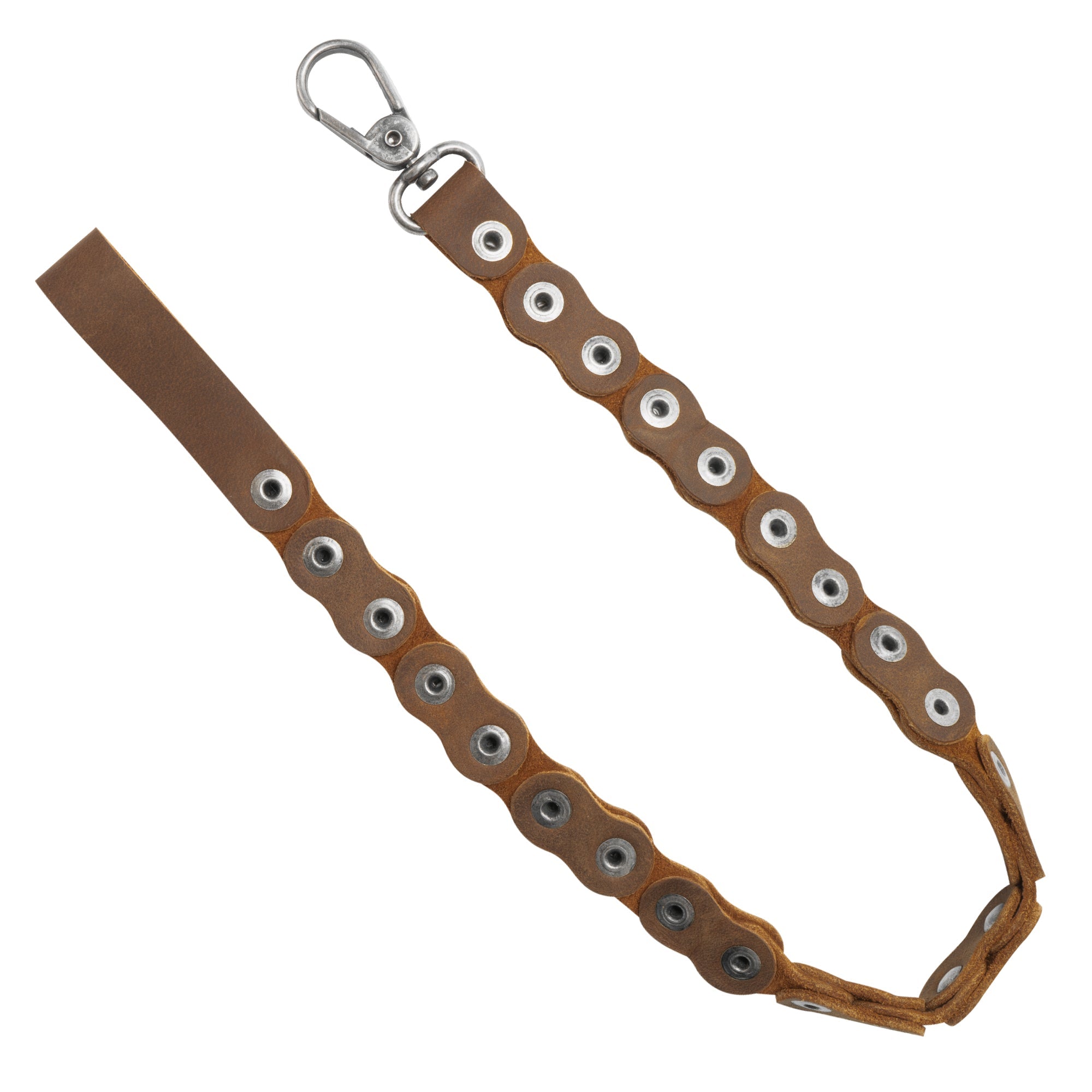 The Biker Chain by Hide & Ride showcased from a different angle, emphasizing its rugged design and sturdy hardware. This premium full grain leather trouser chain works as a wallet chain and jeans pocket chain, enhancing any biker's outfit. Made by artisans with love, it features hand cut and hand sewn details, reflecting StockyardX‚Äôs dedication to small batch production in La Antigua Guatemala & Oaxaca Mexico.