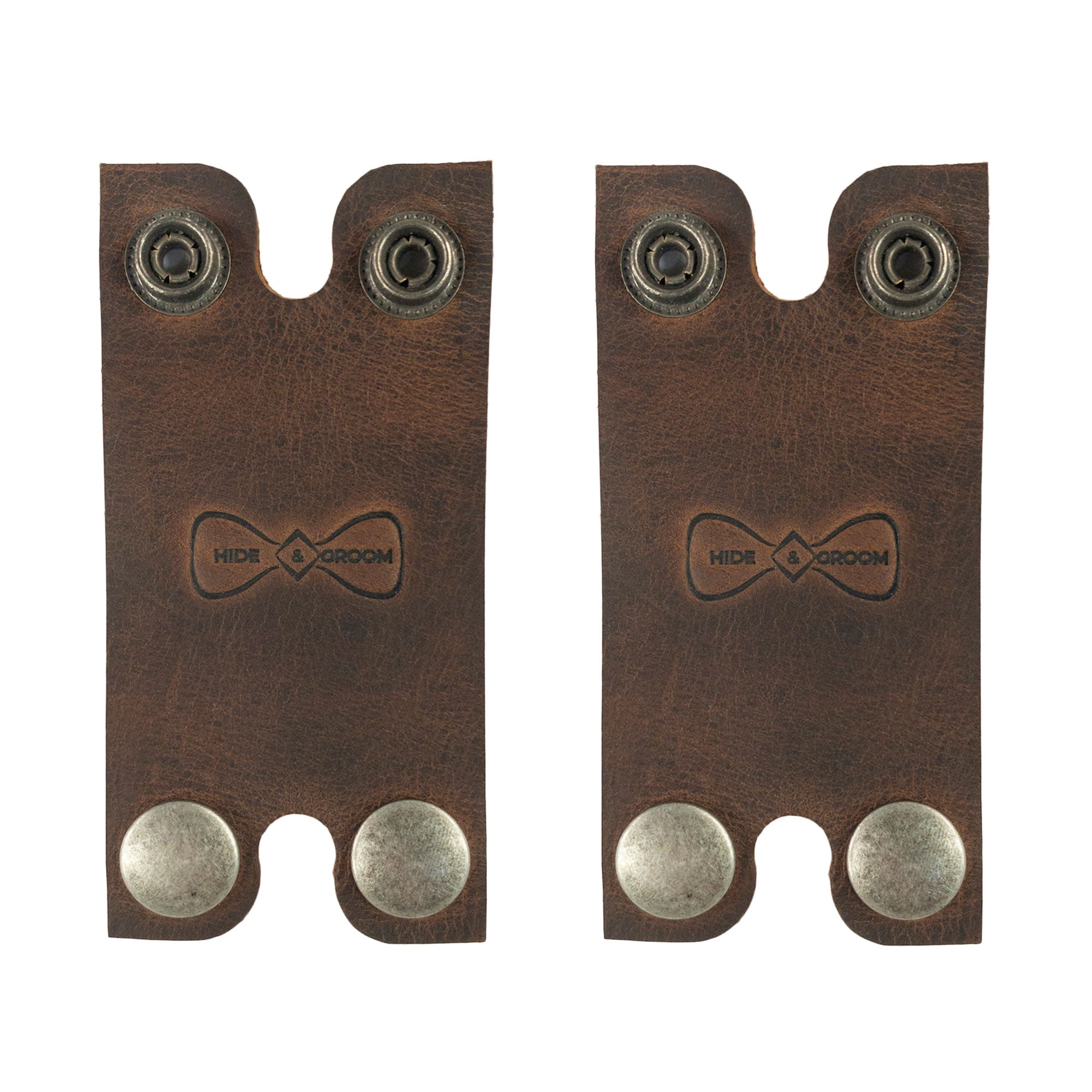 Pair of Set of 2 Double Edge Safety Razor Head Protective Sheaths by Hide & Groom, highlighting the snap closure design in beautiful full grain leather. Ideal for groomsmen and stylish grooming, this travel cover is a must-have. StockyardX, small batch production, hand cut, hand sewn, fire branded, artisan, handmade in La Antigua Guatemala & Oaxaca Mexico.