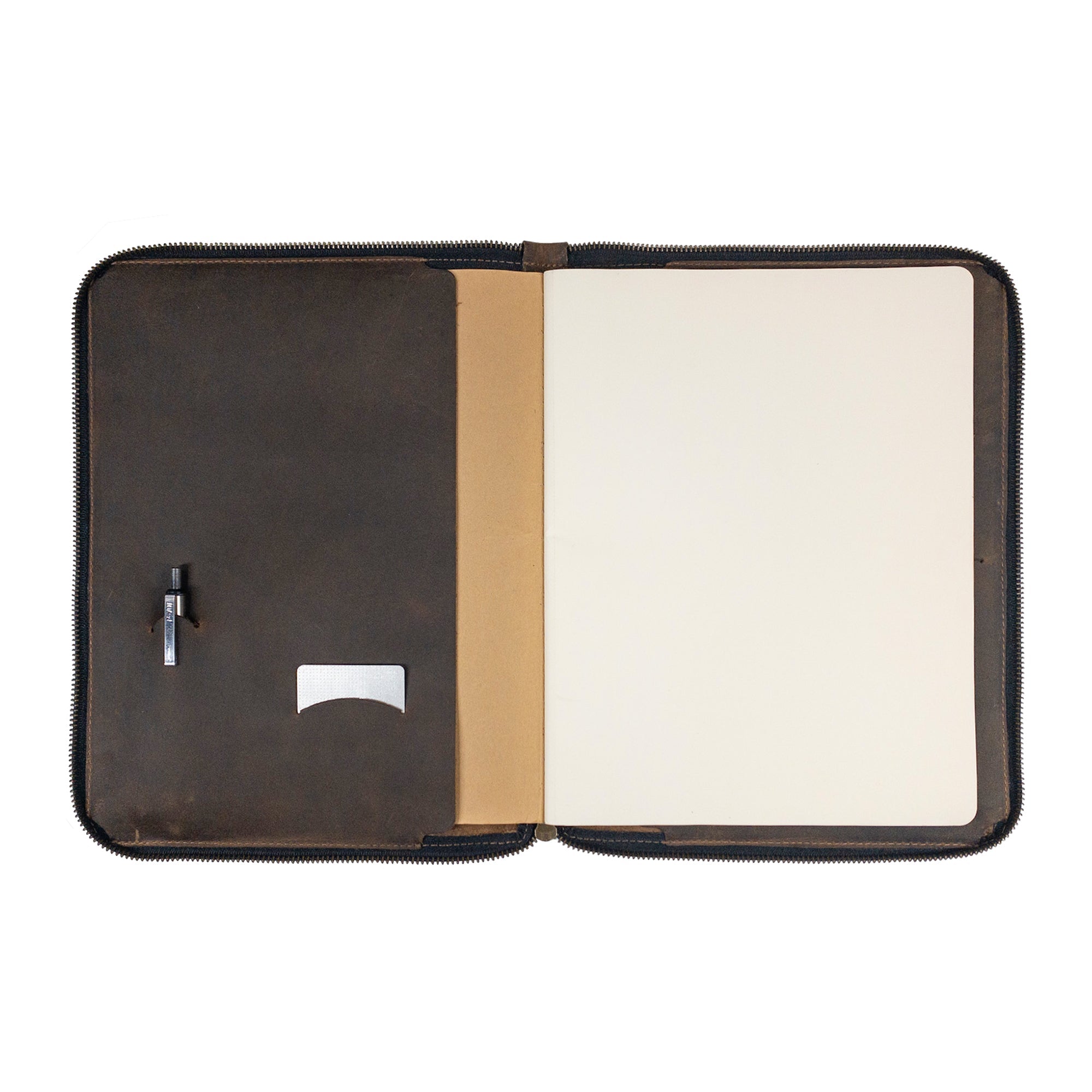 Close-up view of Hide & Drink Zippered Journal Cover for Moleskine (Notebook NOT Included) featuring interior storage for cards and a lined pad, hand sewn with precision.