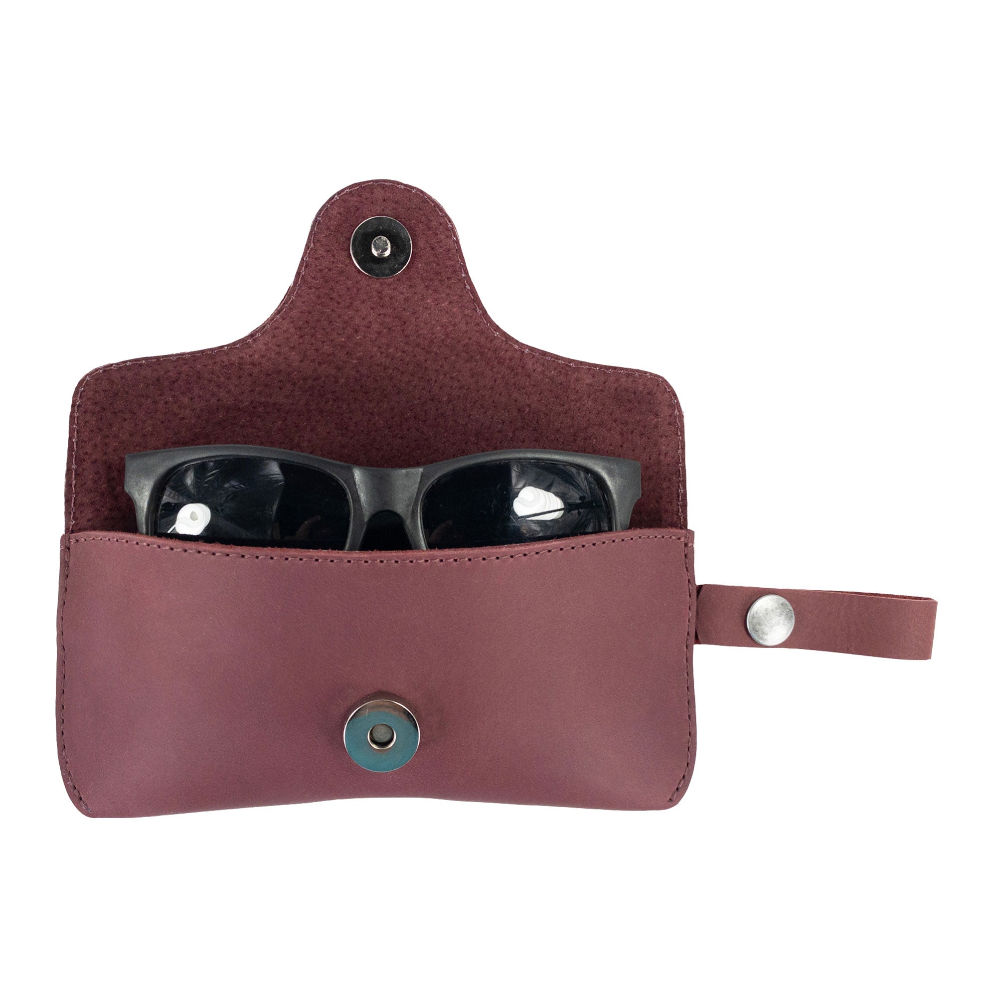 Open Burgundy Eyeglasses Case with Strap from Hide & Drink, perfect for sunglasses storage. Made from full grain leather, this protector for eyewear showcases artisan craftsmanship from La Antigua Guatemala & Oaxaca Mexico.