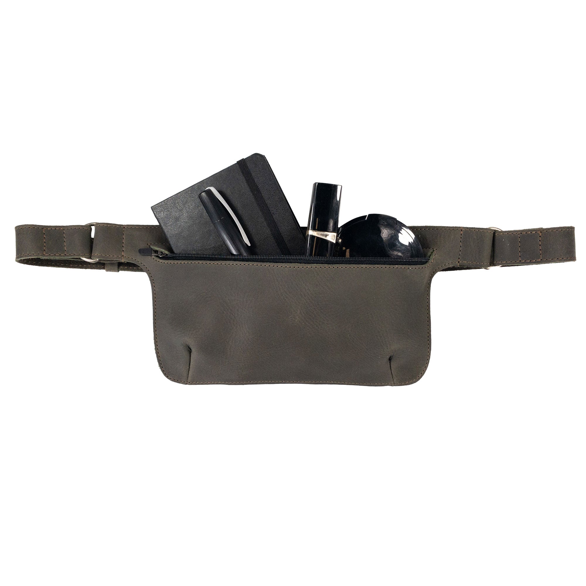 Slim Fanny Pack by Hide & Drink showcased in a practical setting, perfect for on-the-go with phone and keys visible. This artisan-crafted fanny pack is made from high-quality full grain leather, ideal for daily use.