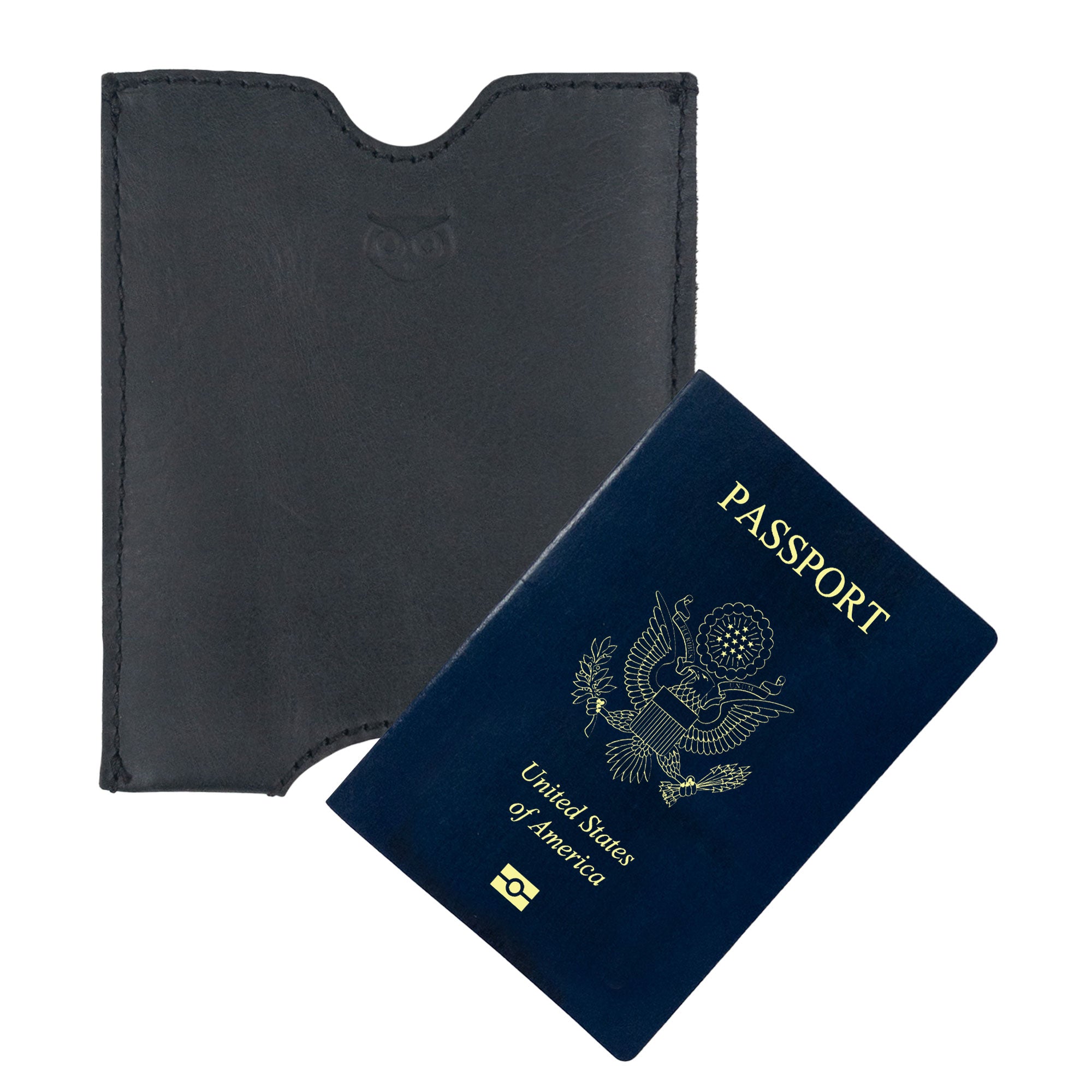 Hide & Drink Passport Sleeve displayed with a United States passport. This Travel Passport Pocket Sleeve combines practicality with style, crafted from Full Grain Leather through artisan methods in La Antigua Guatemala & Oaxaca Mexico.