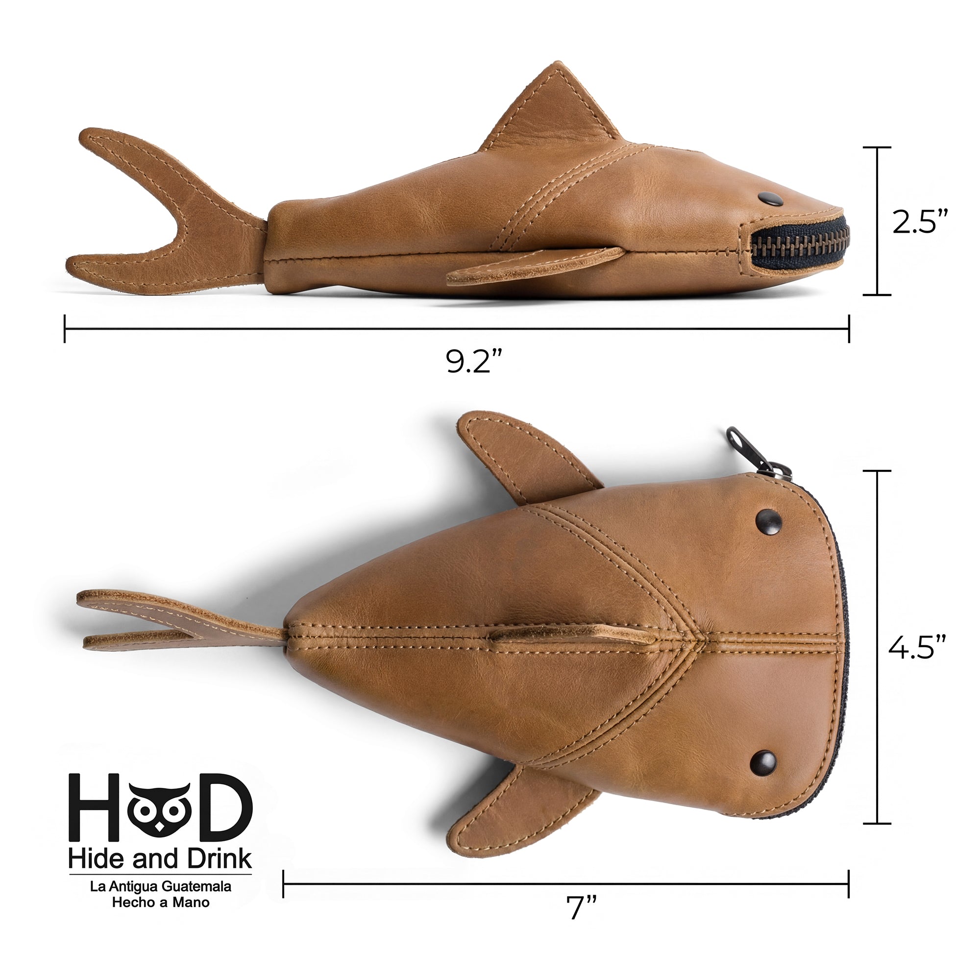 Measuring dimensions with the Hide & Drink Leather Shark Pouch, this playful pouch displays its versatility as a scissors case or pencil purse. With its unique shark design and crafted from full grain leather, each piece is made through small batch production techniques, hand cut and hand sewn by artisans in La Antigua Guatemala & Oaxaca Mexico.