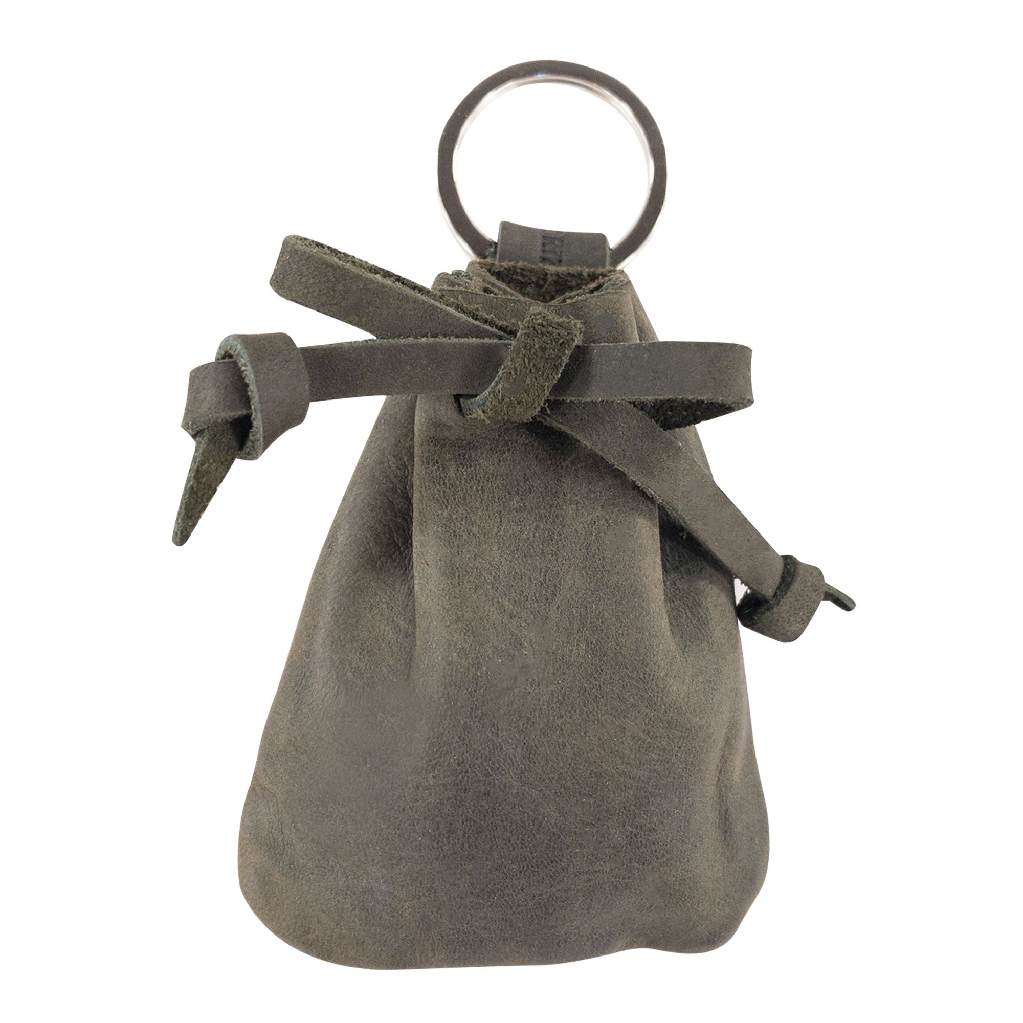 A side view of the Mini Medieval Pouch Keychain by Hide & Drink showcasing its practical yet stylish design. This tiny bag with keyring made from full grain leather is versatile for organizing coins and represents artisan craftsmanship from La Antigua Guatemala.