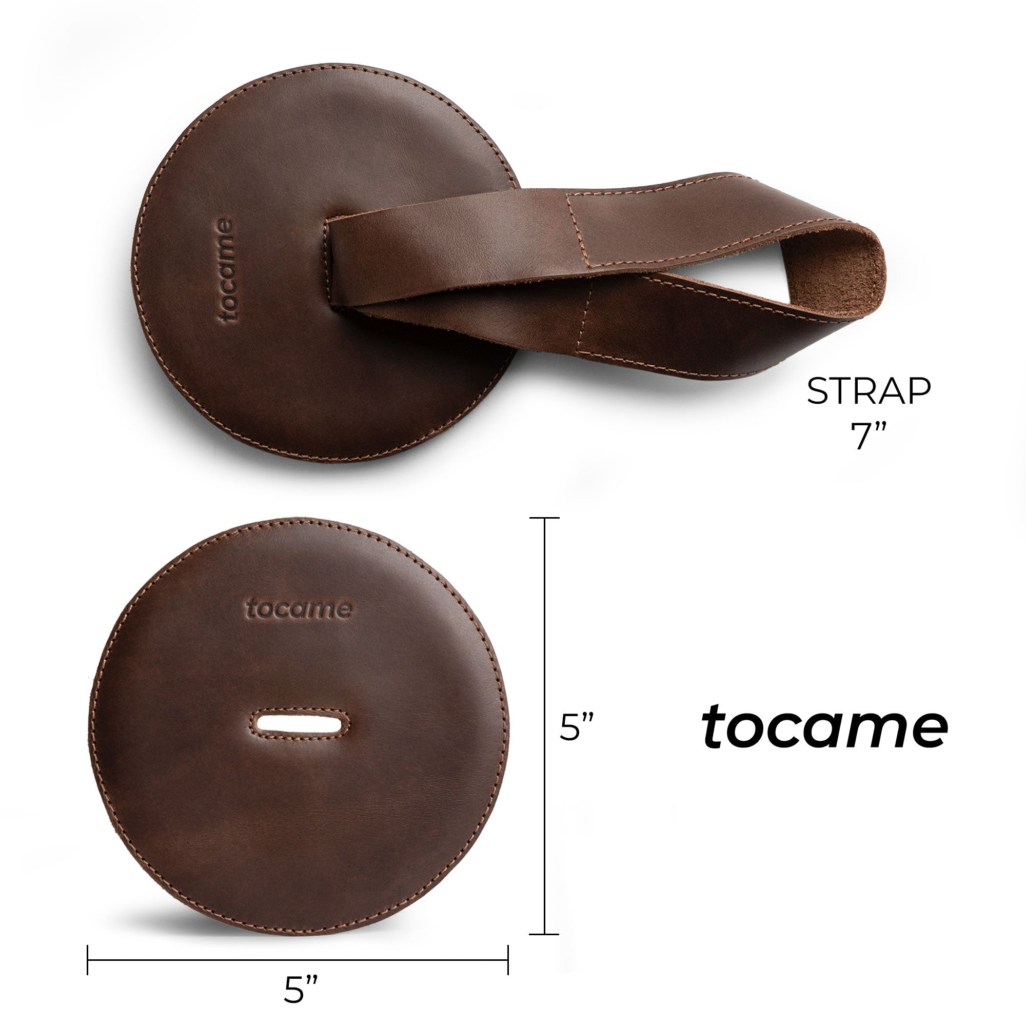 Detailed view of tocame's Set of 2 Cymbal Pads, featuring a 5-inch round design and a sturdy 7-inch strap. Crafted from full grain leather, these accessories are perfect for enhancing band performances, made with care in La Antigua, Guatemala.