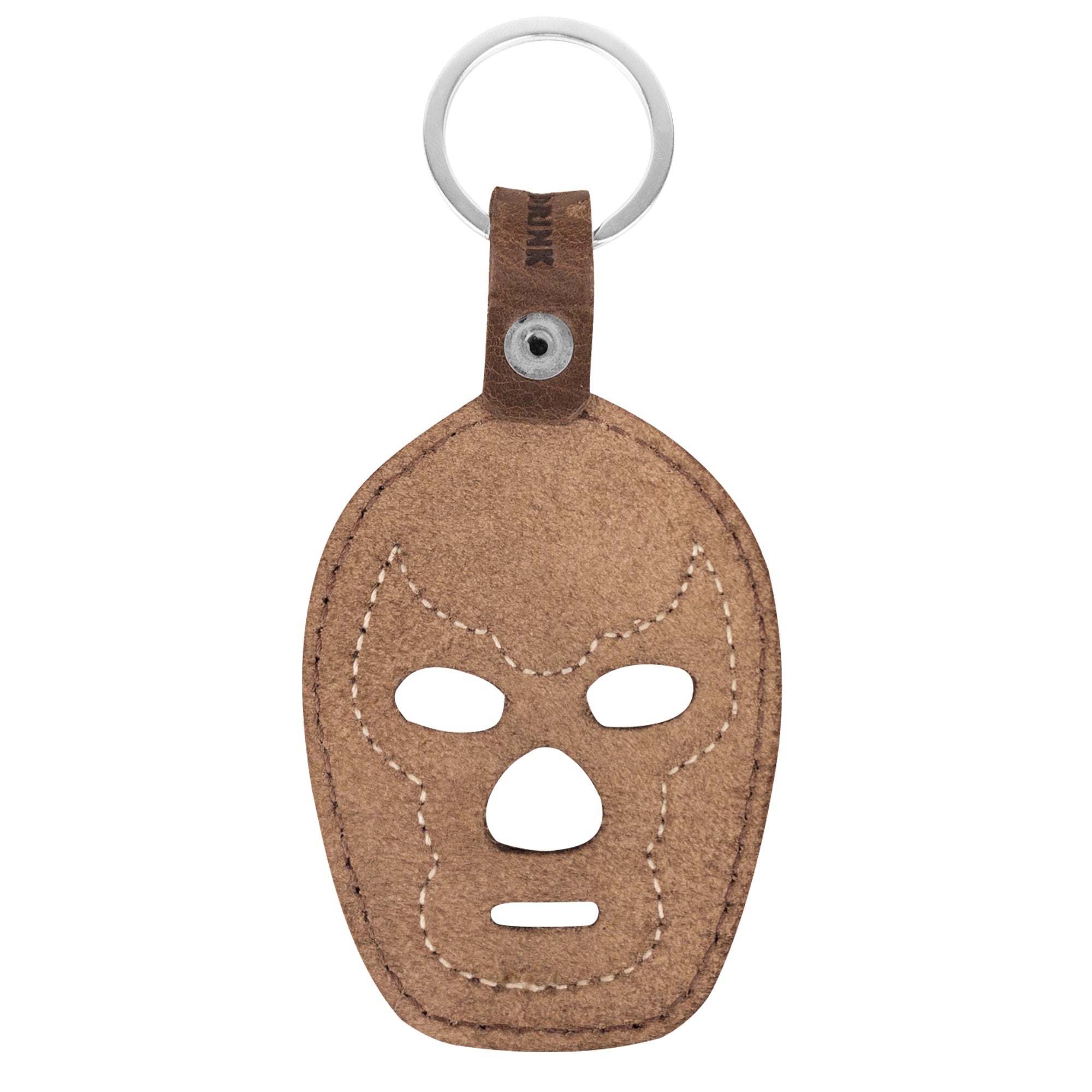 A top view of the Luchador Mask Leather Keychain, perfectly illustrating its high-quality craftsmanship. This keyring from Hide & Drink is a stylish key organizer made from full grain leather, embodying the spirit of small batch production, hand cut and sewn by skilled artisans in La Antigua Guatemala and Oaxaca Mexico.