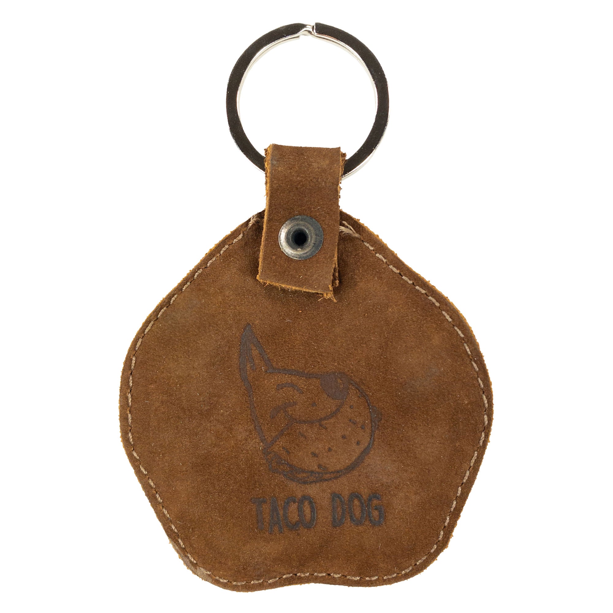 Unique Dog Paw Keychain by Taco Dog, ideal for pet lovers, featuring a cute stitched design and the brand logo. This key ring fob is made from full grain leather and includes a split keyring. Handmade with care in La Antigua Guatemala & Oaxaca Mexico.