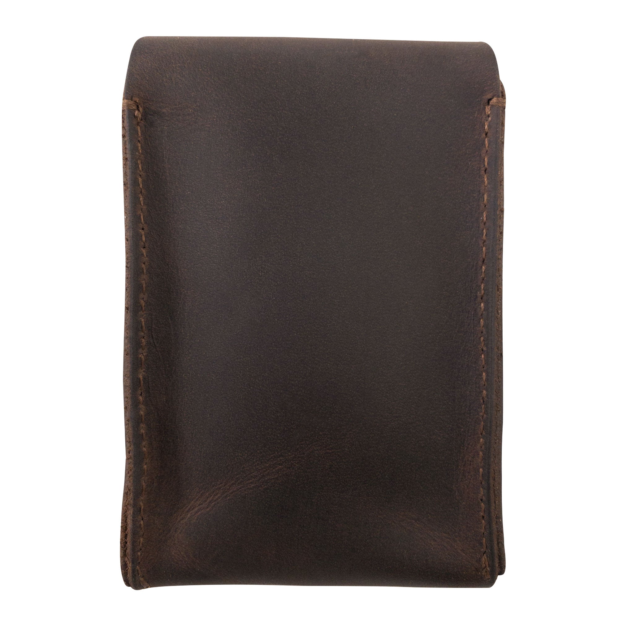 The reverse side of Hide & Drink's Playing Card Case, showcasing smooth full grain leather. This handmade travel accessory offers a classic case for playing cards (not included), ensuring secure storage for your playing deck. Made in La Antigua Guatemala, this piece reflects StockyardX's dedication to artisan quality with hand cut and sewn details.