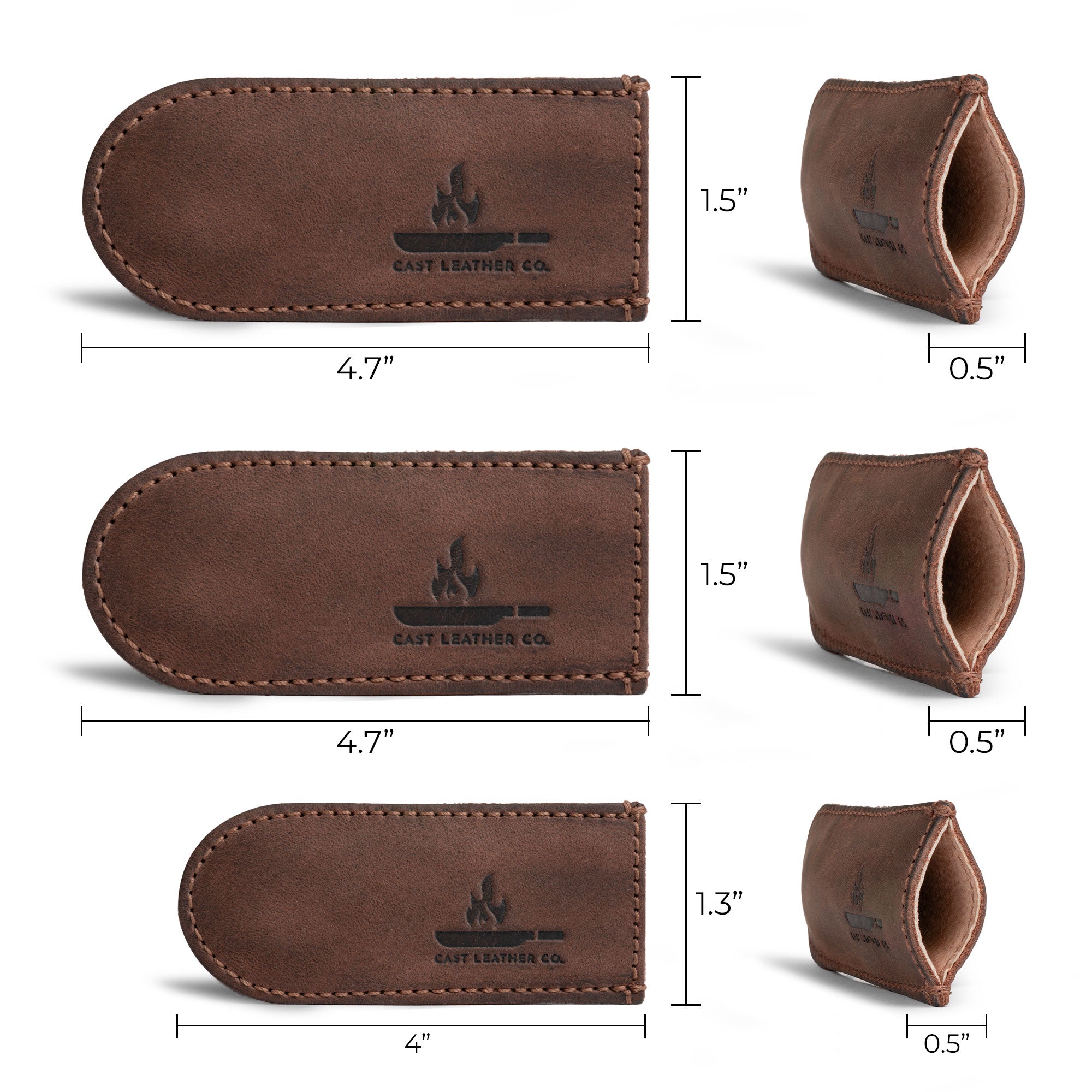 Measurements of Cast Leather Co.'s Hot Handle Covers (Set of 3), highlighting the practical design suitable for heat protection when handling cast iron pans. These artisan-made covers are crafted from full grain leather and feature hand sewn details, ensuring durability and quality.