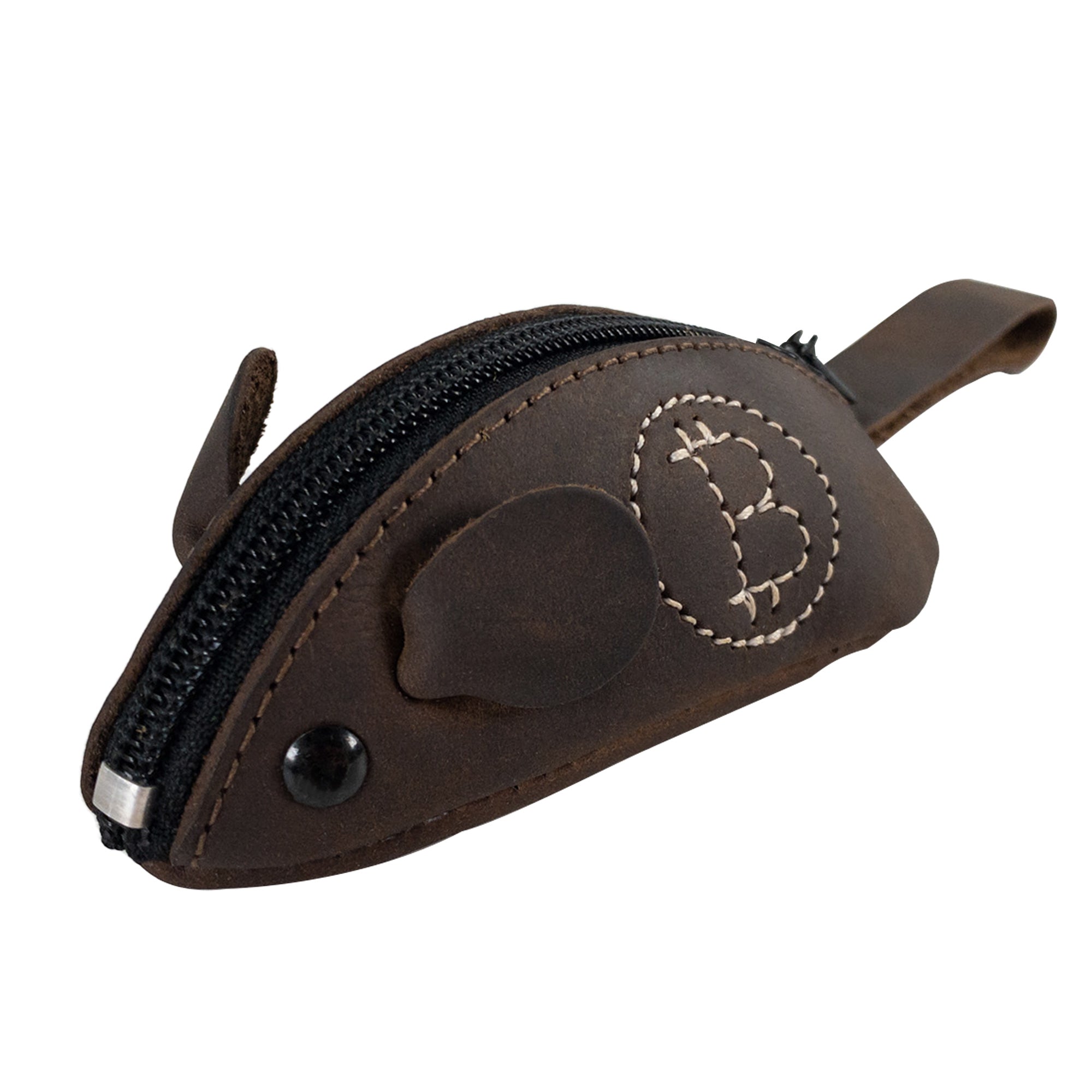 The Mouse Coin Pouch by Hide & Drink in a side view, highlighting its adorable mouse shape and fine craftsmanship. This full grain leather change pouch, designed for easy organization of coins, is a must-have travel accessory. Each pouch is hand cut and hand sewn in La Antigua Guatemala and Oaxaca, Mexico, ensuring a unique, artisan quality.