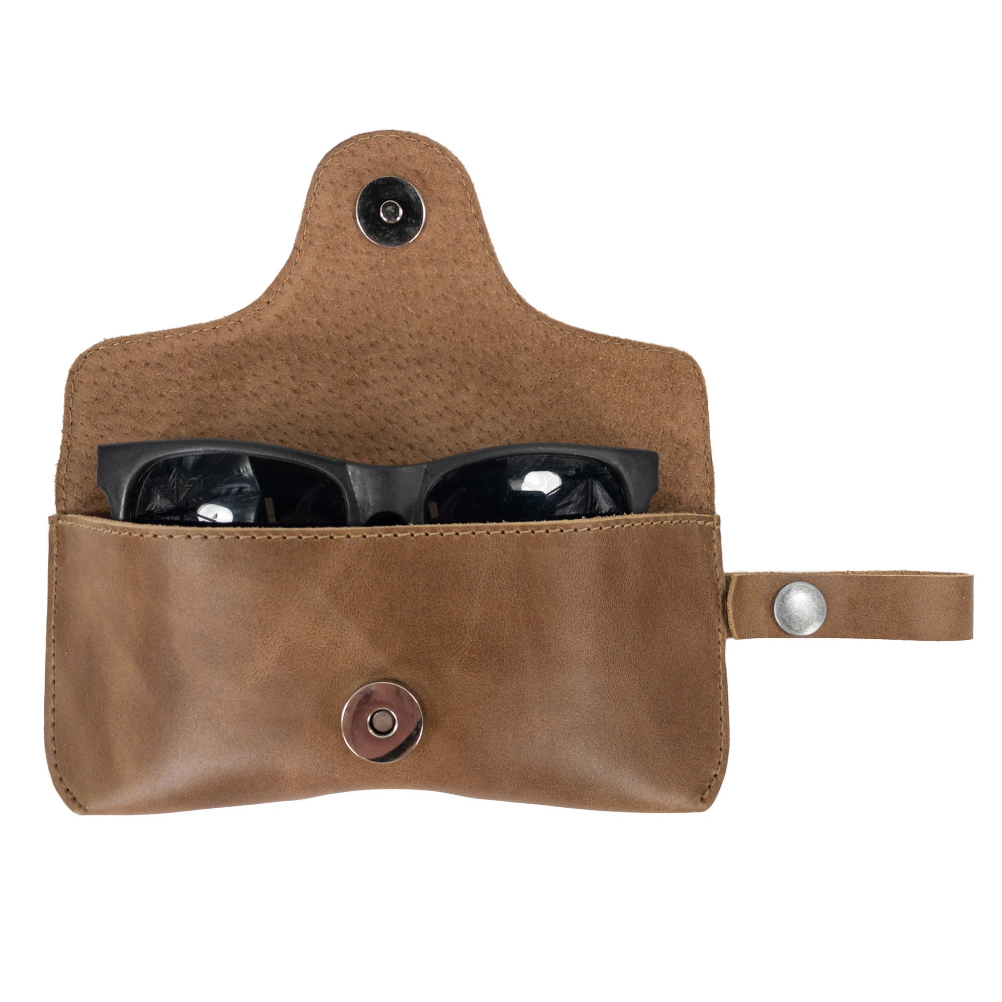 Interior of Eyeglasses Case with Strap by Hide & Drink, highlighting skilled hand stitching from full grain leather. This chic sunglasses case is a quality protector for eyewear, made by artisans in La Antigua Guatemala & Oaxaca Mexico.
