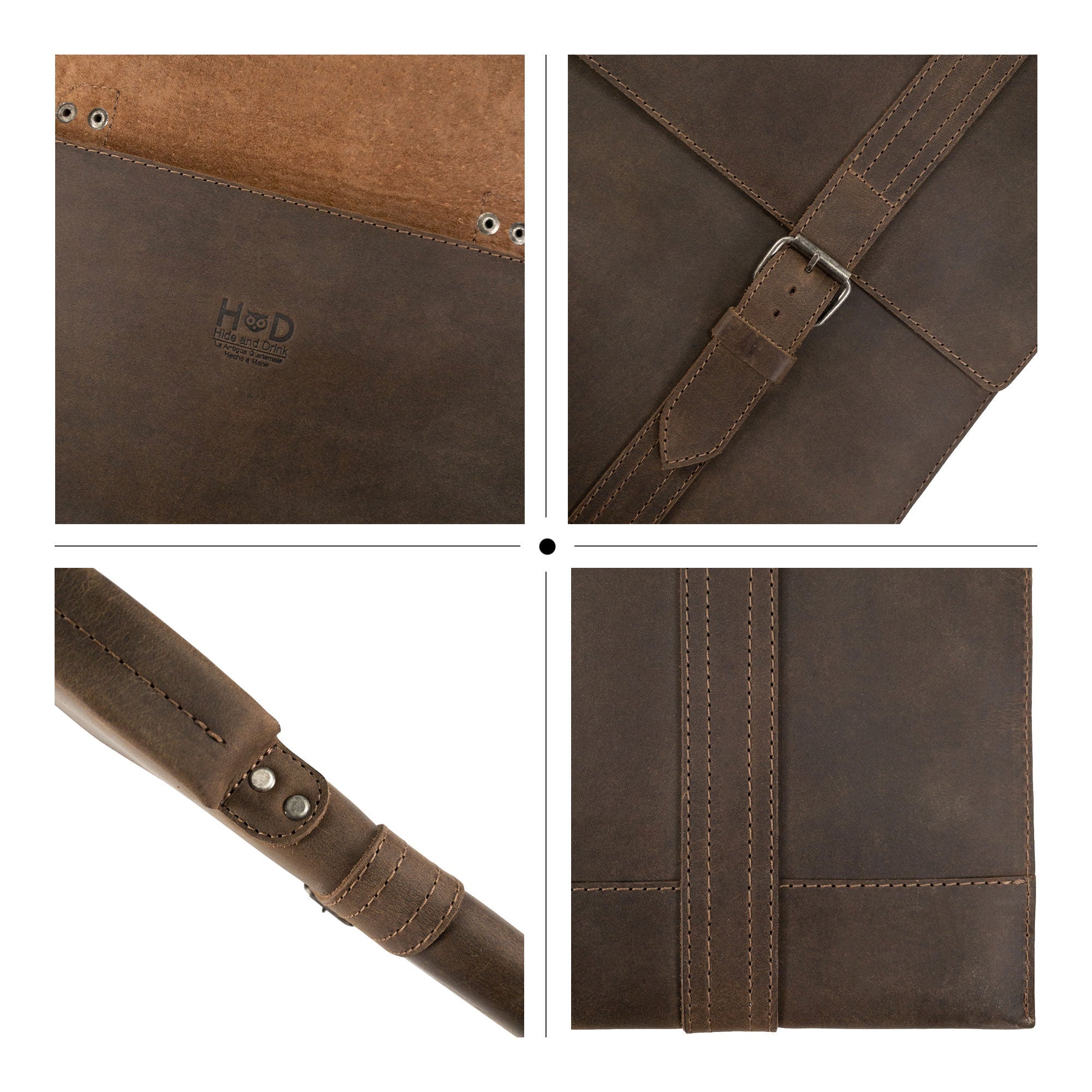 Close-up of the Hide & Drink Portable Laptop Case details, highlighting the quality stitching and materials, hand branded with artisan craftsmanship from La Antigua Guatemala & Oaxaca Mexico, ensuring a stylish and functional product.