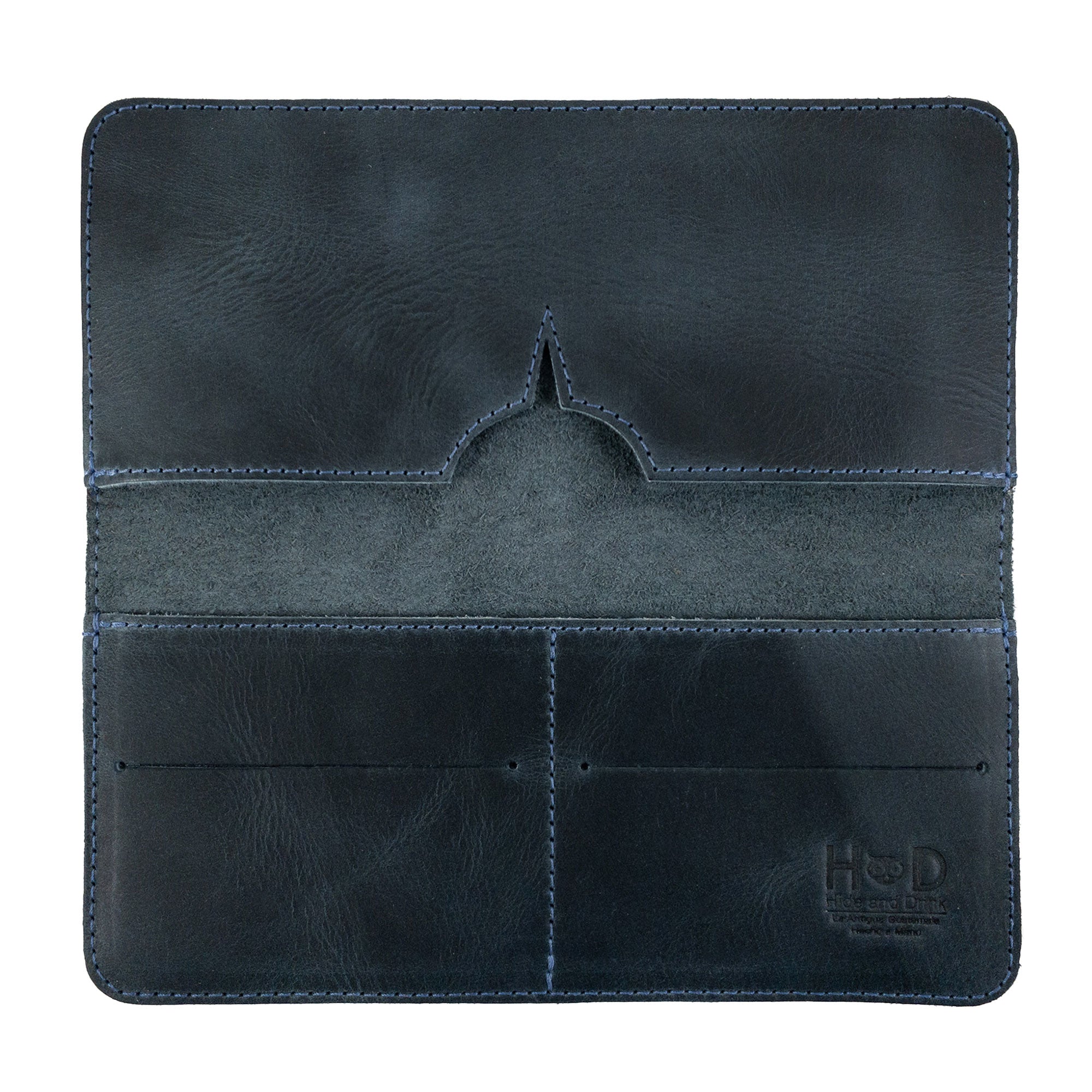 Open bifold wallet for cellphone by Hide & Drink, showing card slots and a pocket for cash. This functional Bifold Wallet for Cellphone is crafted from Full Grain Leather, combining elegance with utility. Handcrafted in small batches by skilled artisans in La Antigua Guatemala & Oaxaca Mexico.