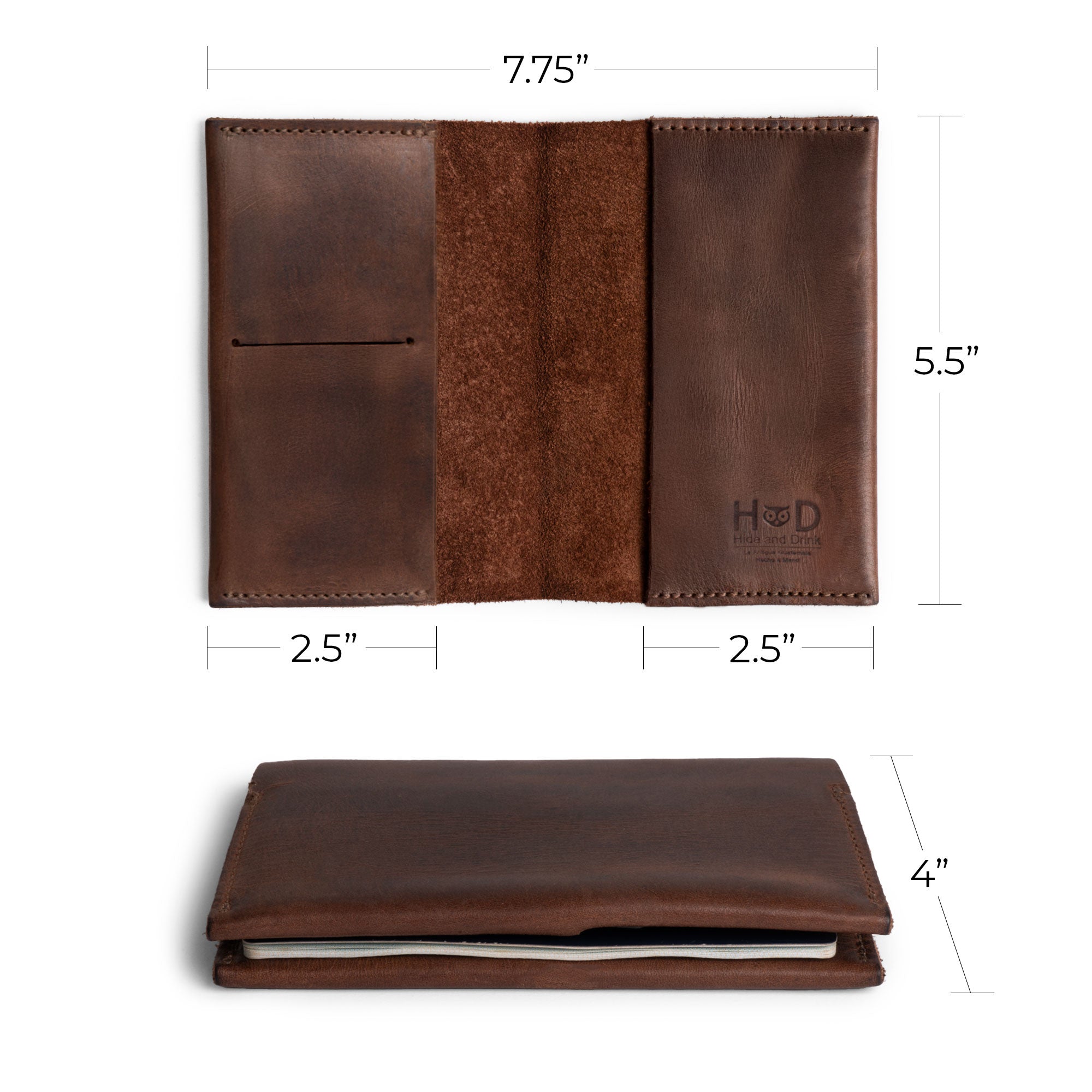 Dimensions measurement of the Passport Case With Card Holder by Hide & Drink, designed to elegantly store a passport and credit cards. This handmade product emphasizes small batch production, fire branded artistry, and the beauty of full grain leather, perfect for all travelers, crafted in La Antigua Guatemala & Oaxaca Mexico.