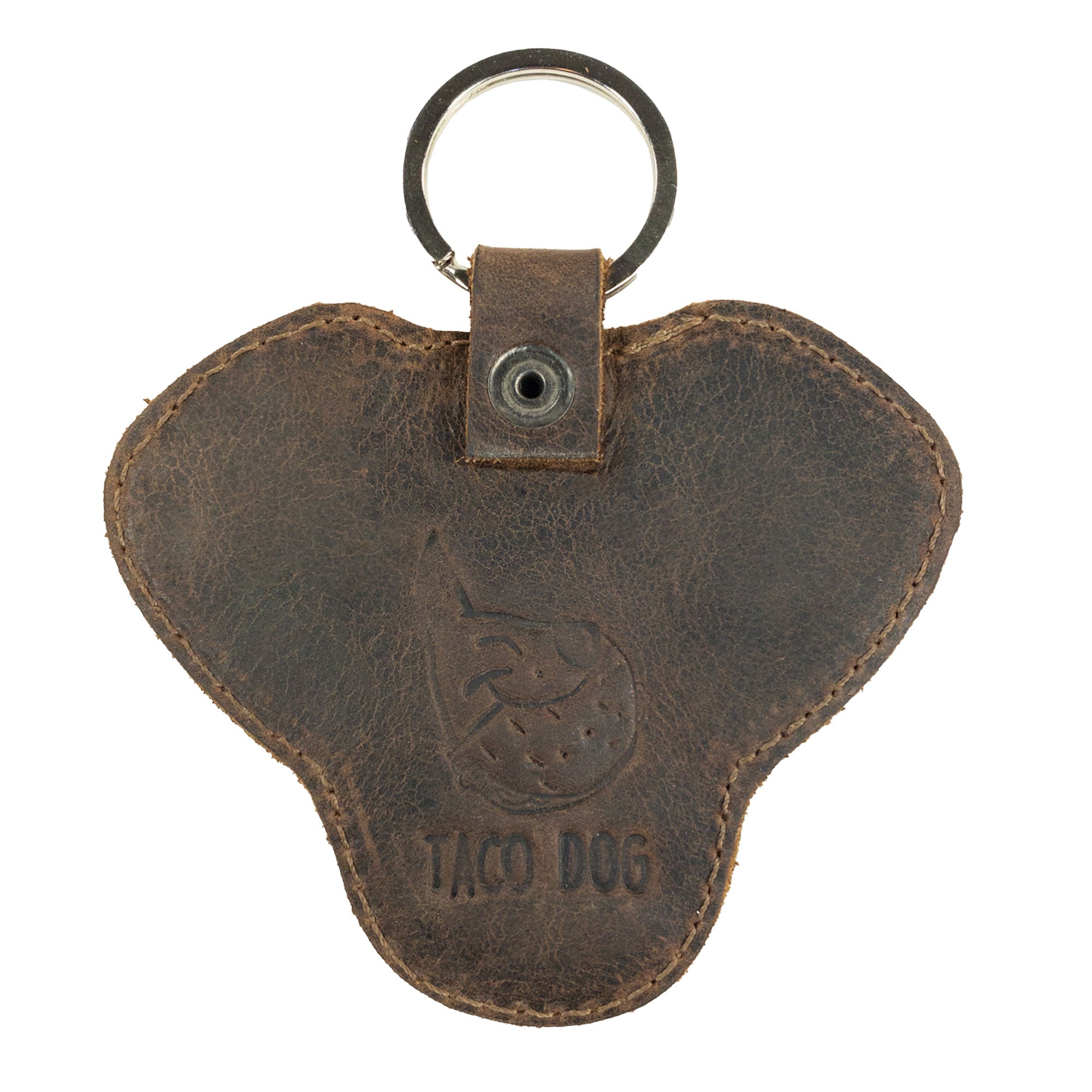 Reverse view of the Labrador Dog Critter Keychain by Taco Dog, featuring the fire branded logo. Made from durable Full Grain Leather, this artisan keychain embodies small batch production and is handcrafted in La Antigua Guatemala, making it a special gift for dog enthusiasts.