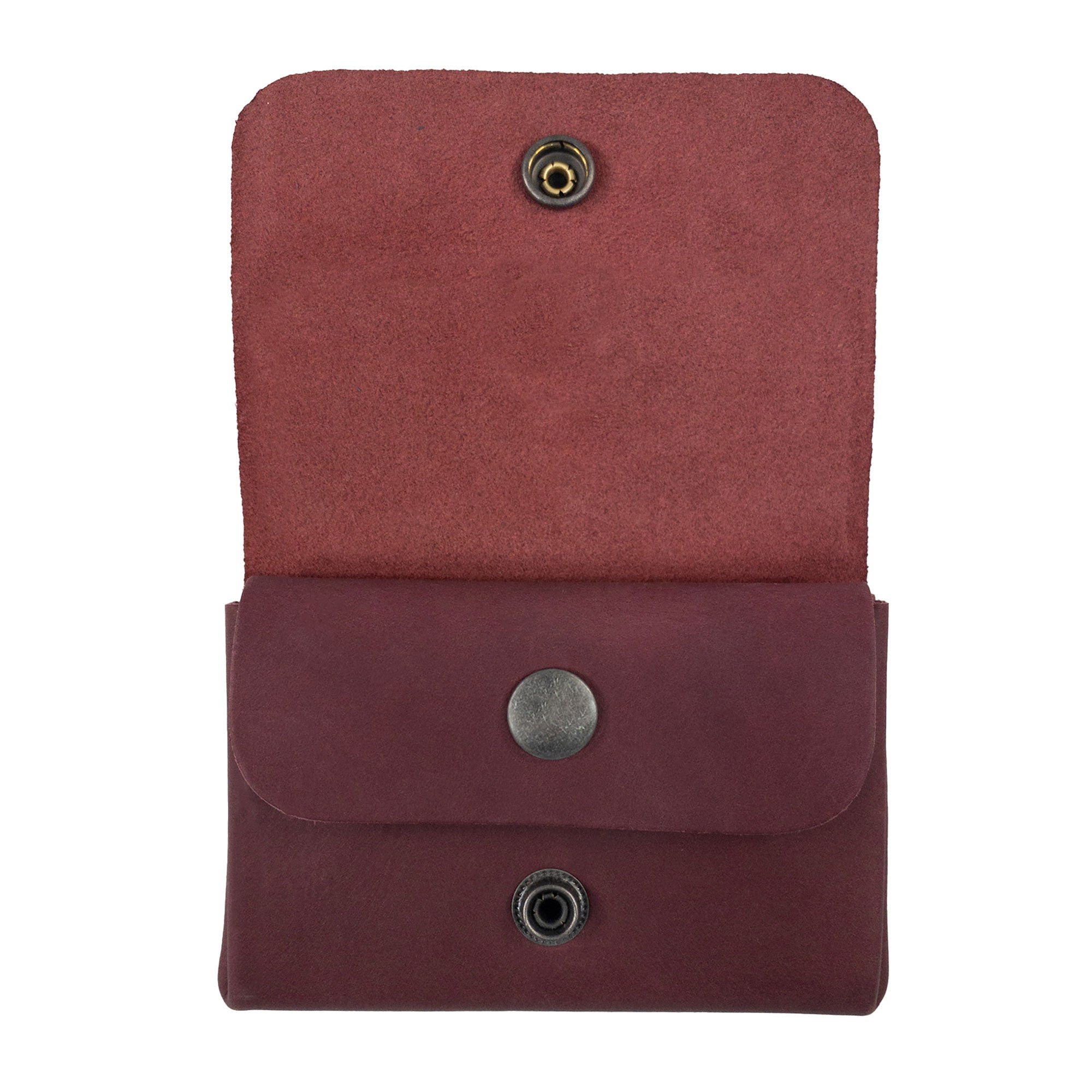 Front view of the burgundy Leather Double Pouch Card Wallet by Hide & Drink, demonstrating its unique leather finish. This Leather Double Pouch Card Wallet is perfect as a card organizer, cash holder, and coin pouch, ideal for men and women, handcrafted in La Antigua Guatemala & Oaxaca Mexico.