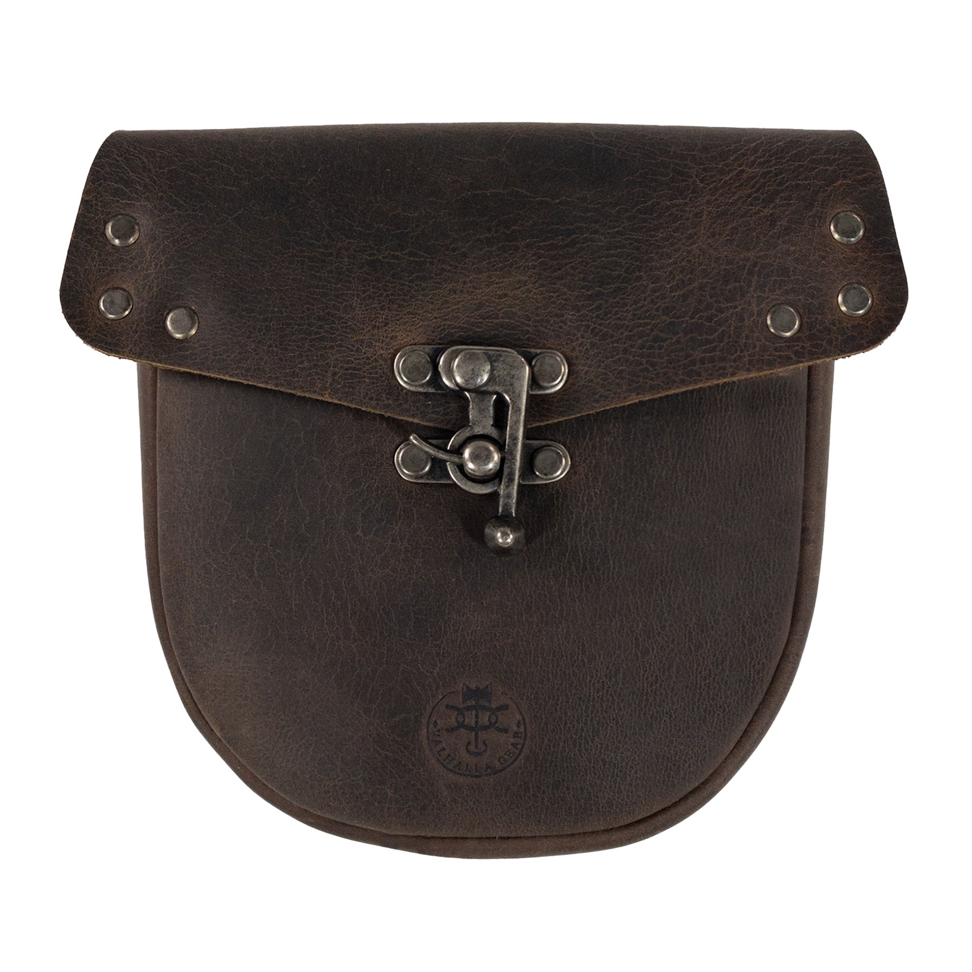 The front view of the Vintage Belt Pouch by Valhalla Gear, made from durable full grain leather, designed for tablet-sized notebooks and personal items, showcasing handmade artistry from Guatemala.