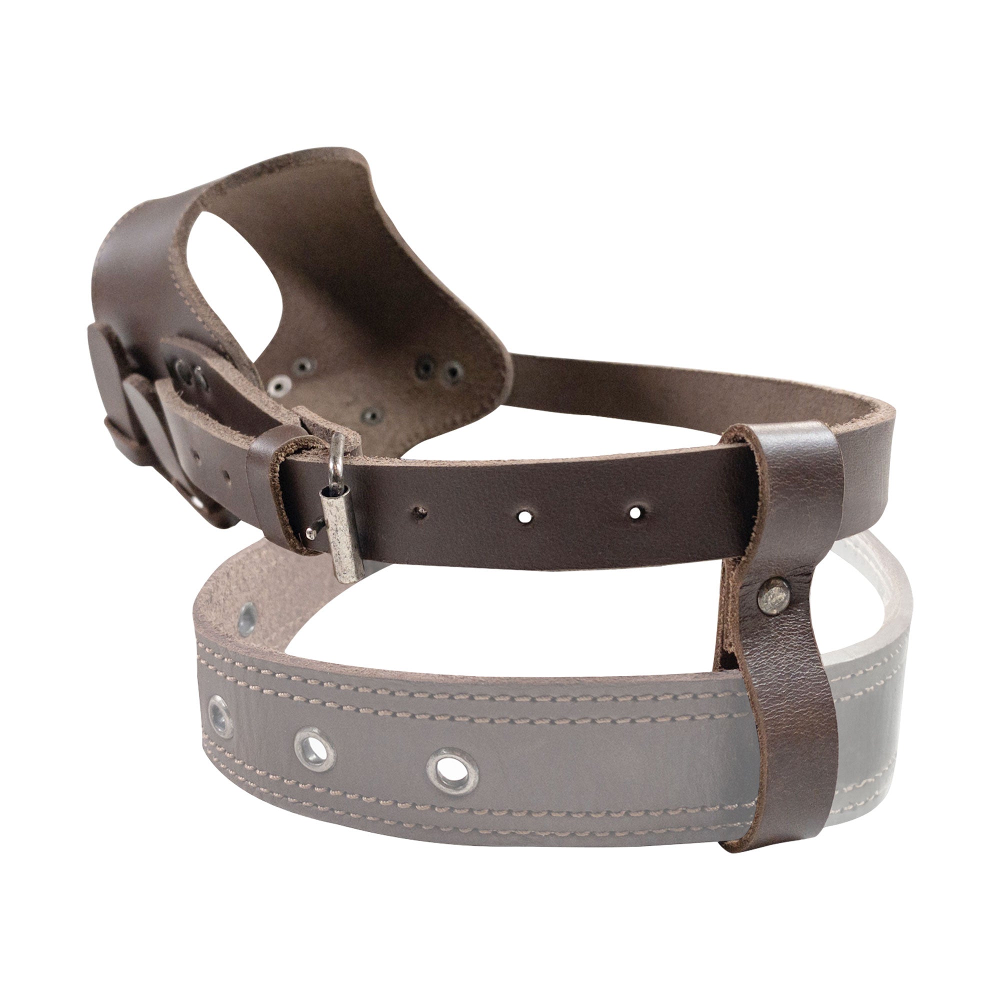 Adjustable Dog Muzzle by Taco Dog shown from the side, emphasizing its comfortable leather design that ensures a secure fit. This handcrafted muzzle is made from full grain leather, reflecting artisan craftsmanship from La Antigua Guatemala.