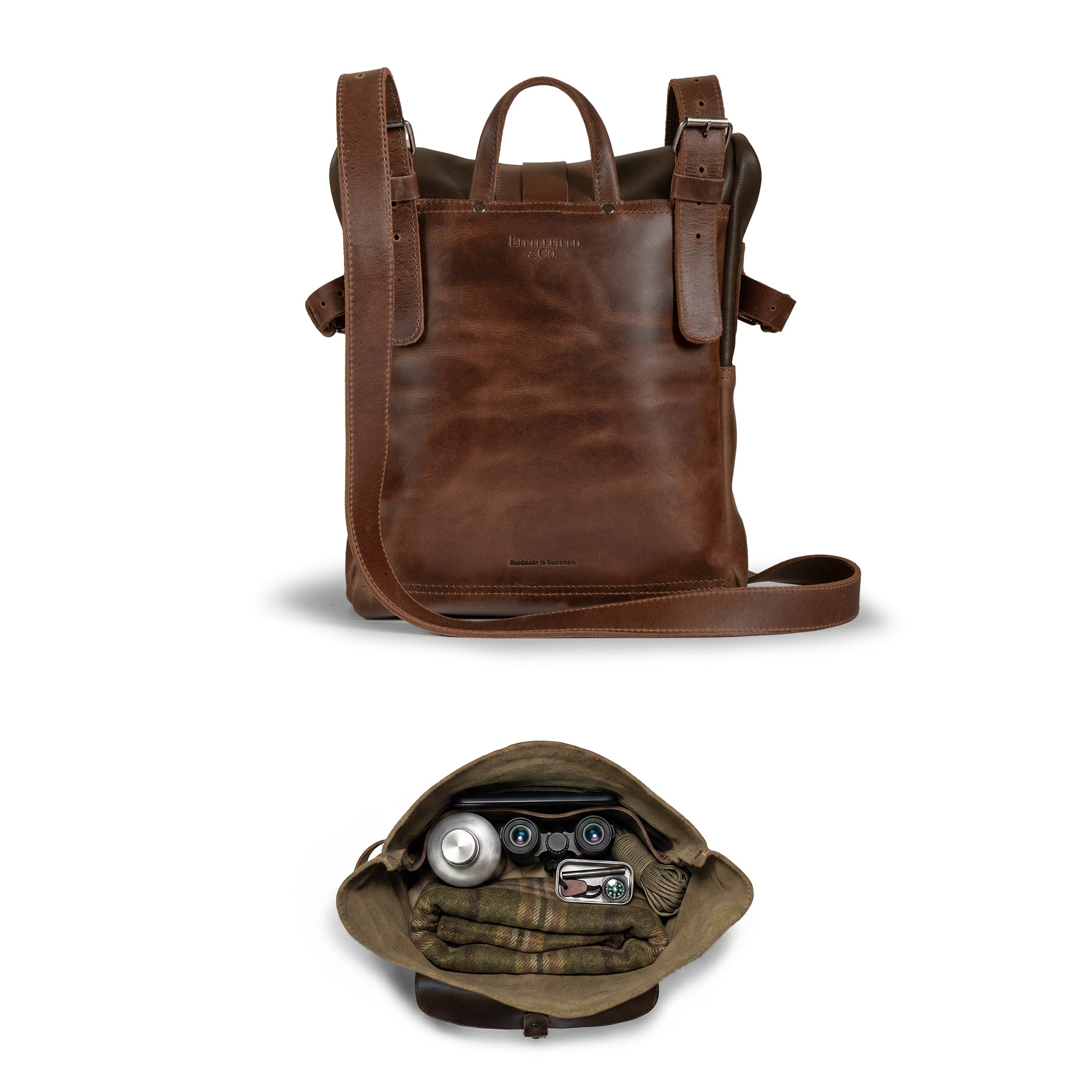 Inside view of the Vintage Adventure Crossbody Bag from Littlefield Chicago, displaying its spacious interior. This leather adventure crossbody bag is hand sewn and fire branded, making it an ideal camping accessory and outdoor carrier, crafted with care in La Antigua Guatemala.