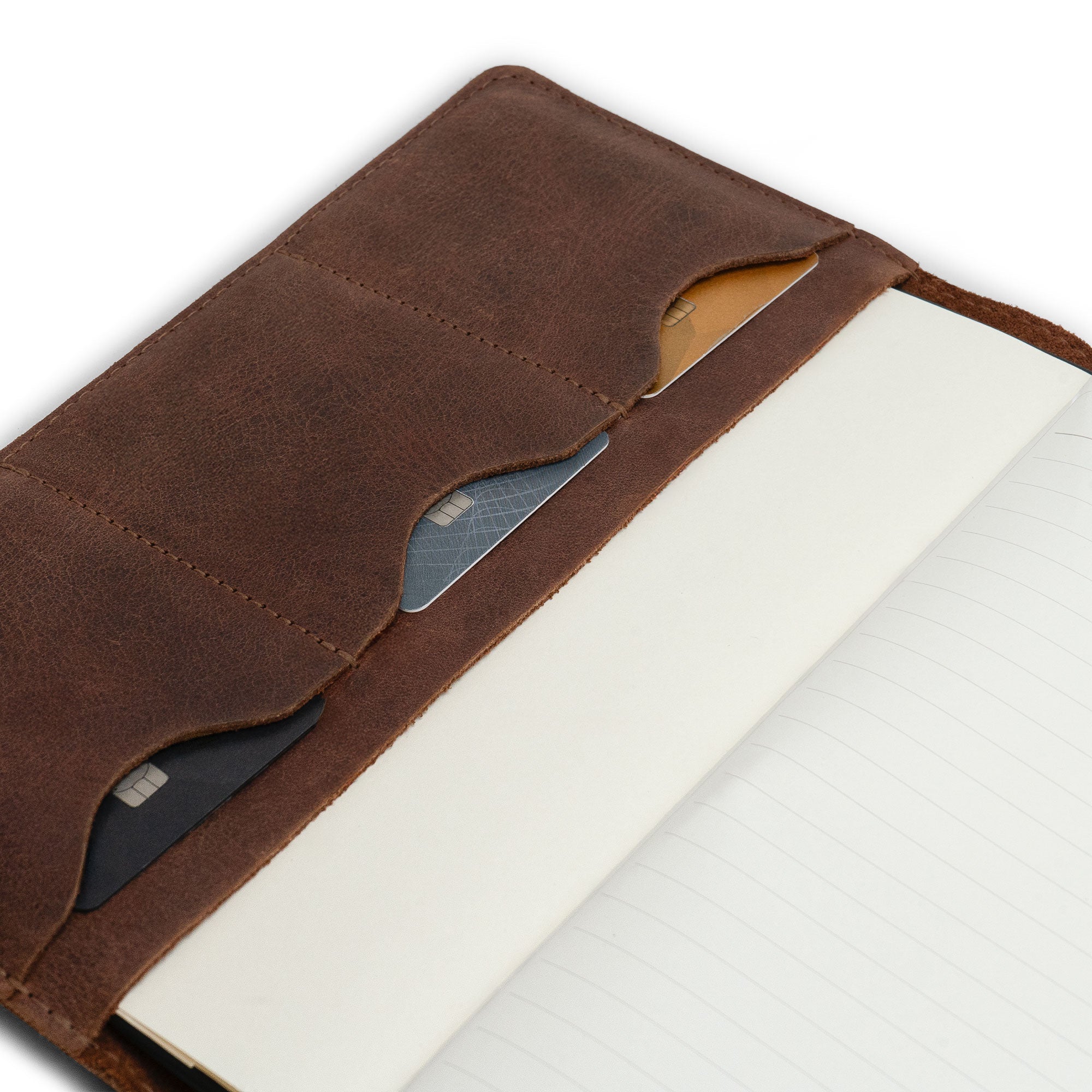 A5 Notebook Cover with Card Slots by Leather Worx, showing the card slots neatly holding cards. This rustic cover for Leuchtturm A5 Notebook with Card Slots (Notebook Not Included) is an ideal blend of minimalist style and durable full grain leather. StockyardX, small batch production, hand cut, hand sewn, fire branded, and artisan-made in La Antigua Guatemala.