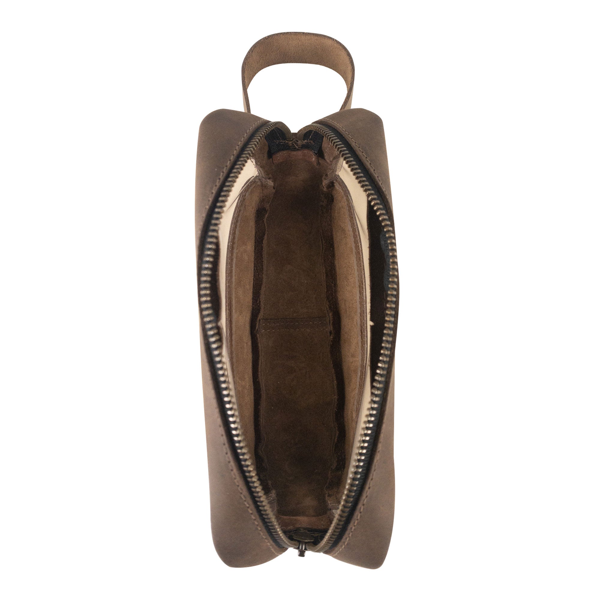 Interior view of Hide & Drink's Transparent Bag for Makeup displaying its handmade craftsmanship, perfect for organizing cosmetics, made from Full Grain Leather, highlighting small batch production and artisan techniques from La Antigua Guatemala & Oaxaca Mexico.