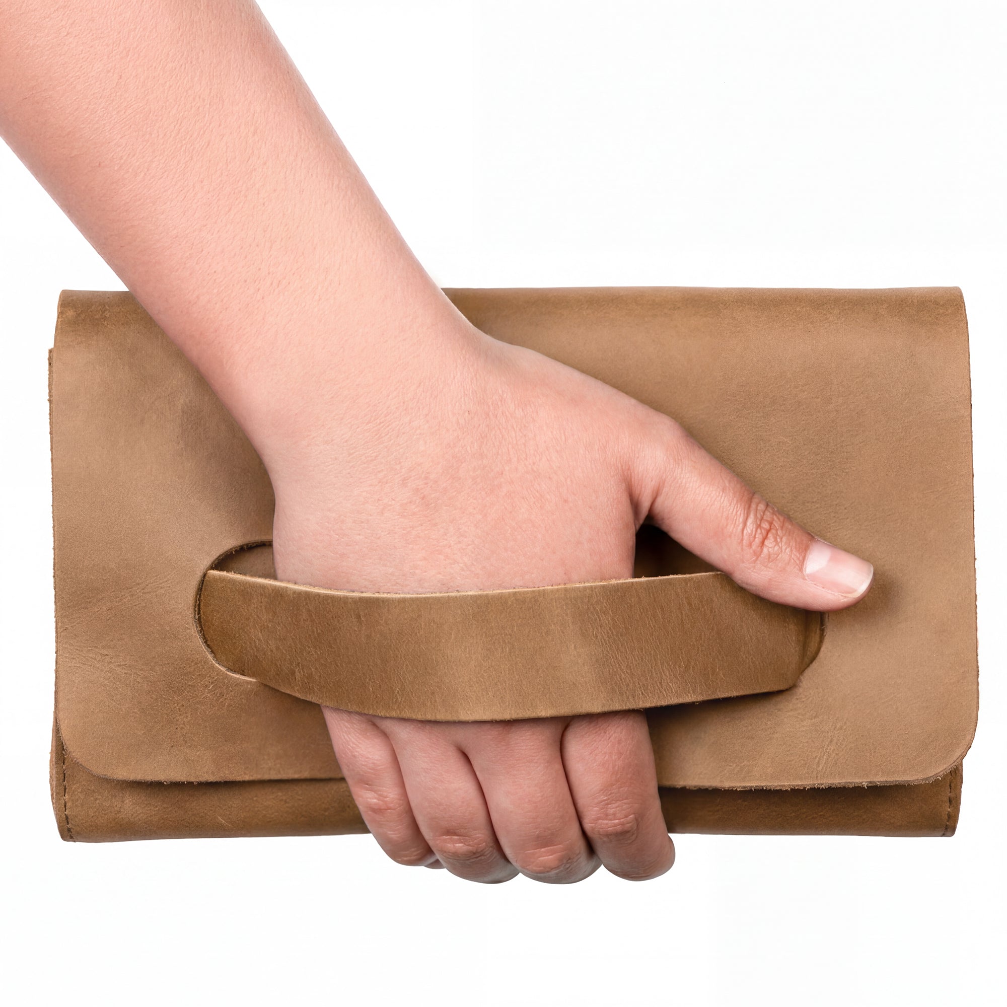 Chic brown Clutch Bag With Handle by Hide & Drink, made from high-quality Full Grain Leather. This handbag for women is perfect as a night bag, showcasing artisan quality through small batch production in Guatemala and Mexico.