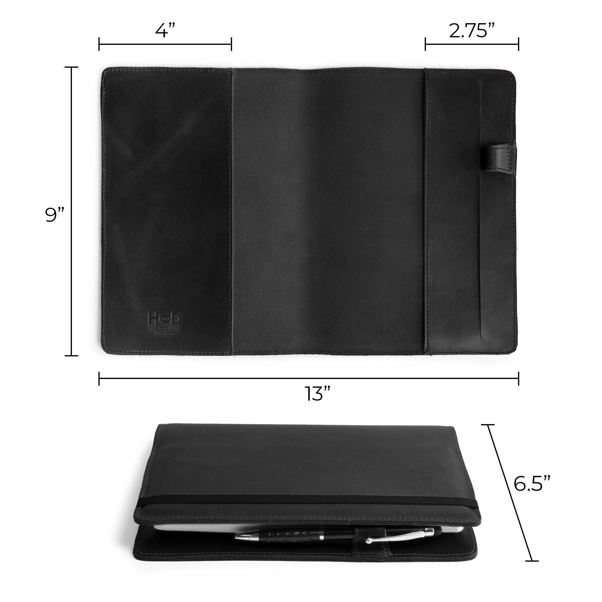 Dimensions illustration of the black Leuchtturm A5 Hardcover Case by Hide & Drink, highlighting its spacious design for notebook storage. This Case for Hardcover Leuchtturm A5 (5.75 x 8.25 in.) Notebook is an essential protective cover for your journal or planner, constructed from durable full grain leather. StockyardX, Small Batch Production, Hand Cut, Hand Sewn, Fire Branded, Artisan, Handmade in La Antigua Guatemala & Oaxaca Mexico.